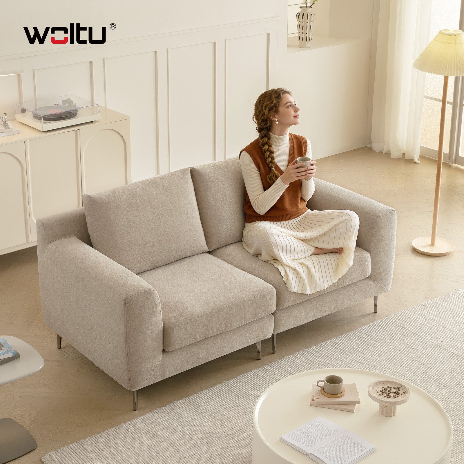 Woltu Sofa, aus Chenille, Bezug abnehmbar und waschbar Mandelbeige