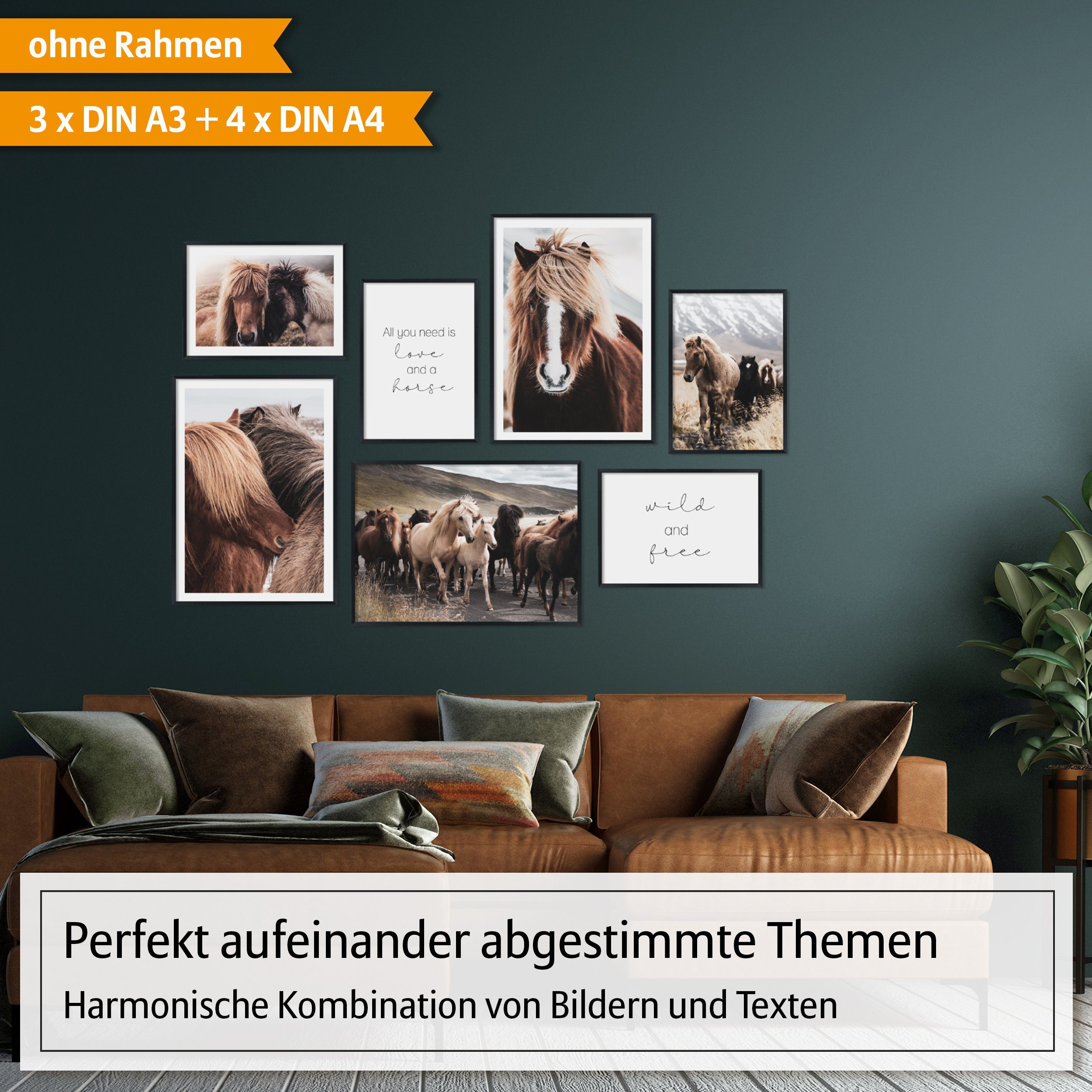 Hyggelig Home Poster Islandpferde, Premium Poster Set OHNE & MIT Rahmen - Wandbilder Horses, Tier (Set, 7 St), Collage Pferde Qualitätsdruck auf dickem Papier