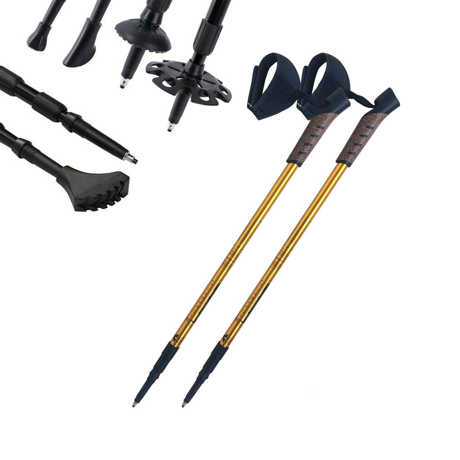 VOSSBACH Wanderstöcke Nordic Walking (1x Paar, Inkl. 12 Untergrund Aufsätze), Anti-Schock Federung