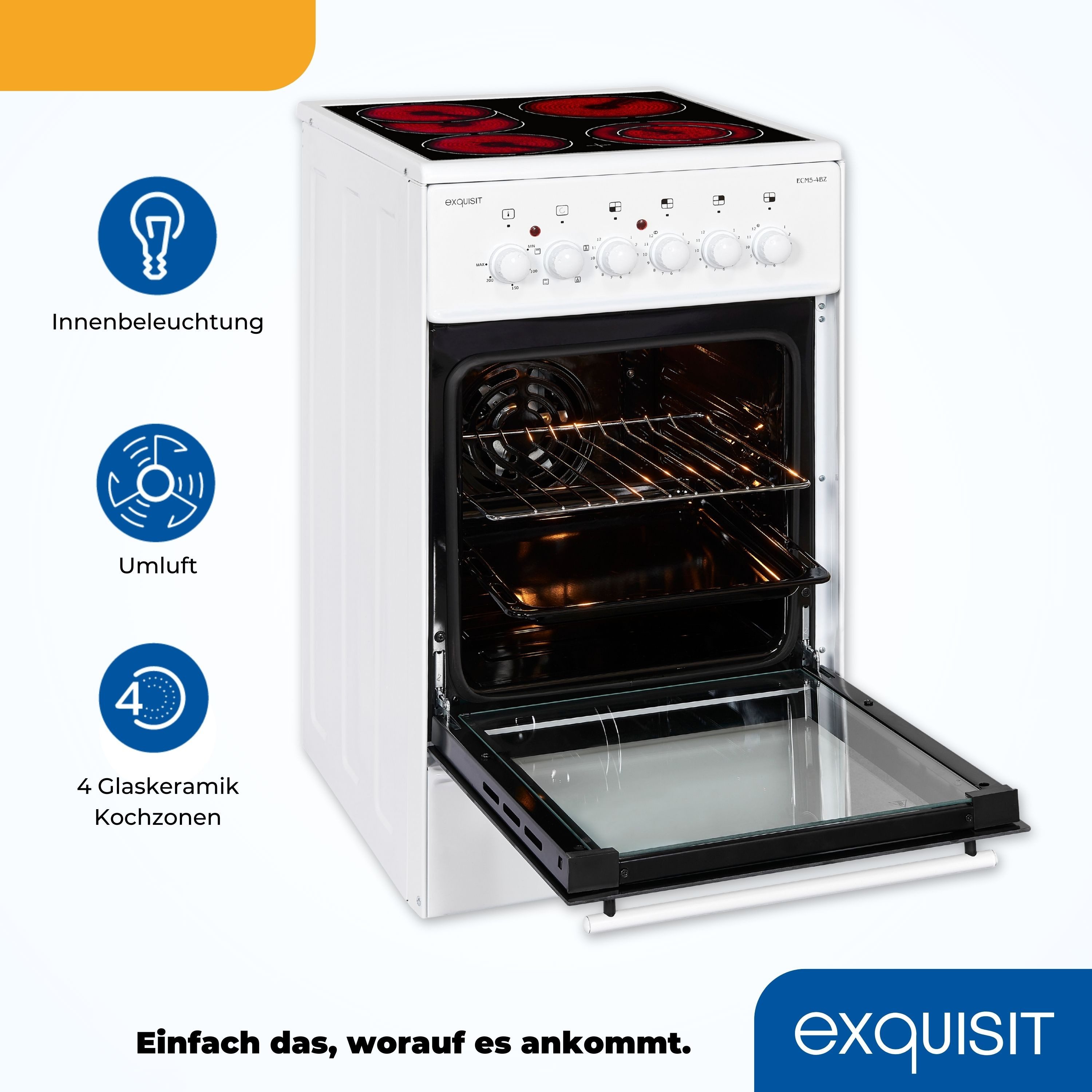 exquisit Elektro-Standherd ECM 5-4 BZ, Grill, Umluft, 2-Kreisbräter & Bräterzone ideal für flexibles Kochen