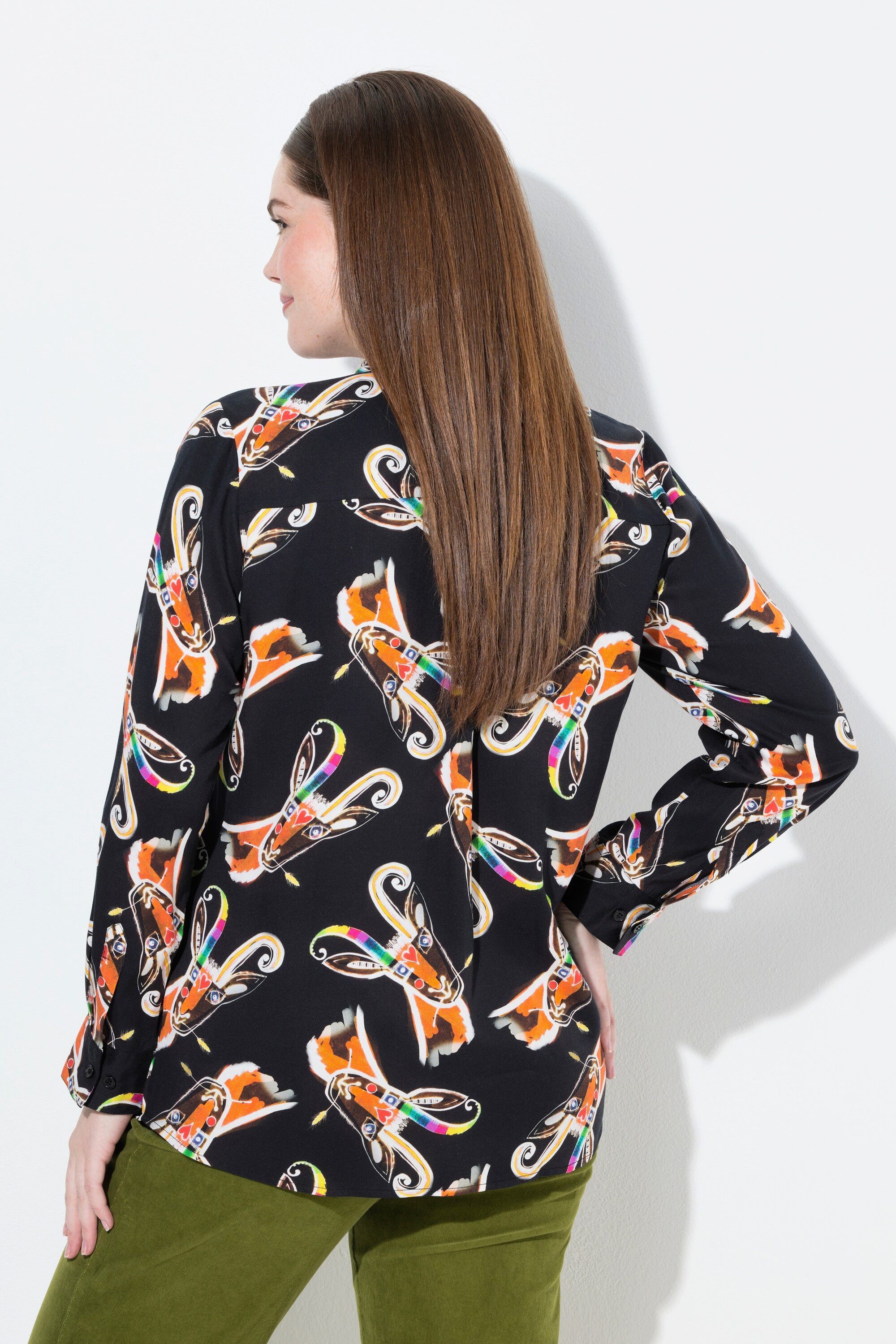 Ulla Popken Hemdbluse Hemdbluse Landhausdruck Hemdkragen Langarm