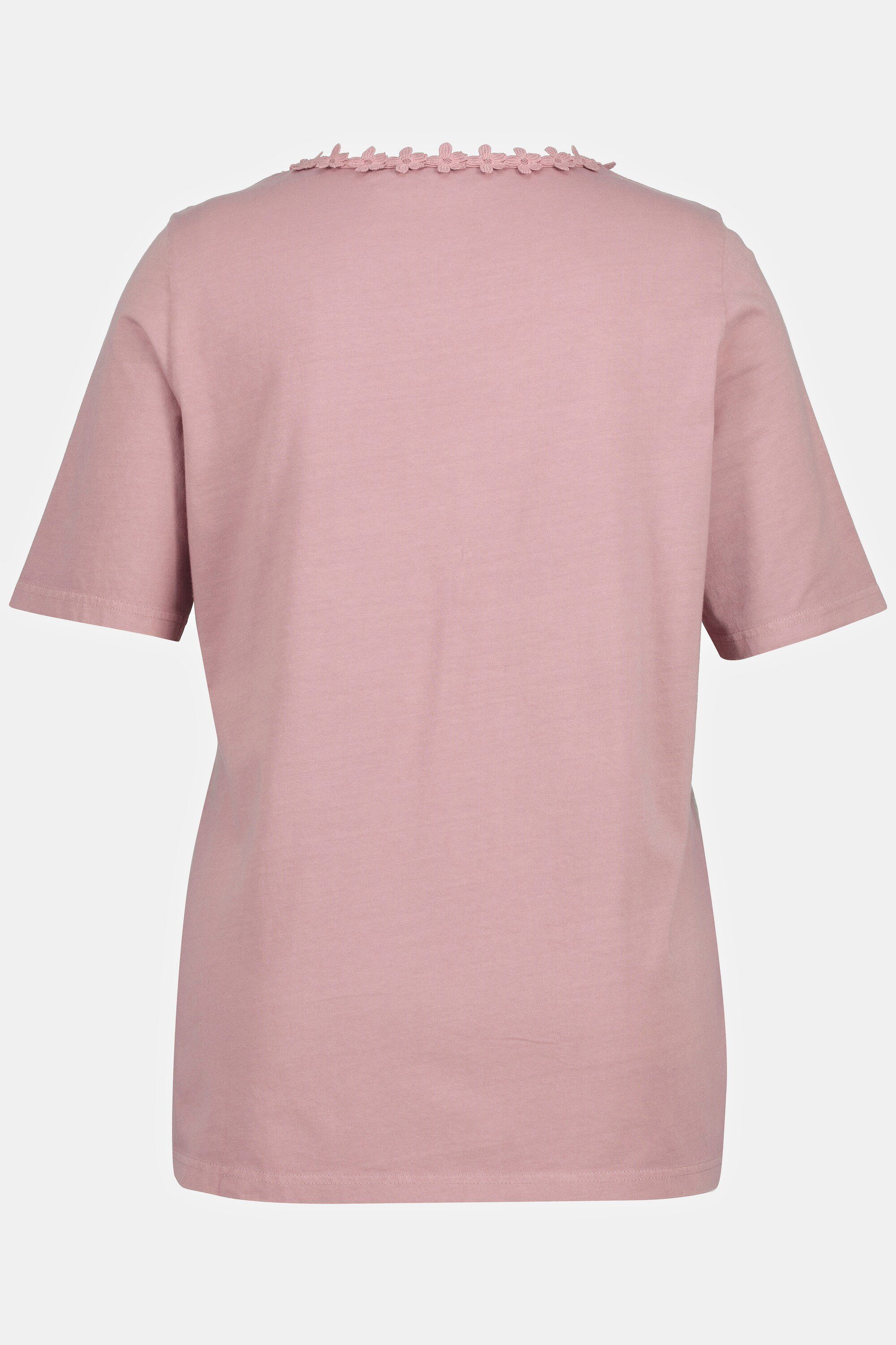 Ulla Blütenbordüre Halbarm T-Shirt Popken V-Ausschnitt Rundhalsshirt wolkenrosa