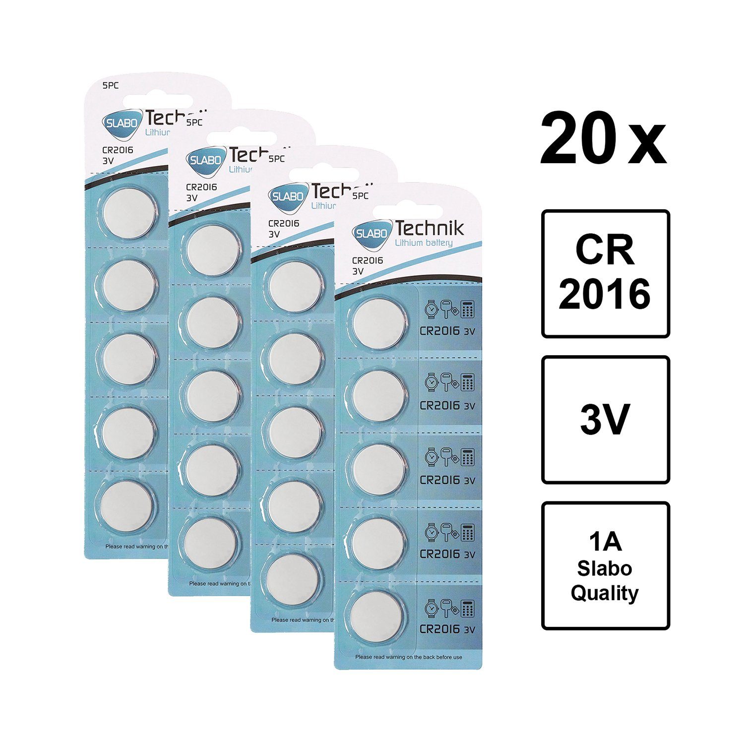 SLABO CR2016 Knopfzellen Batterien Lithium Knopfzellen 20er-Pack Li-Ion - - Batterie 20er-Pack etc. 3.0V - Taschenlampe, für Taschenrechner Armbanduhr, –