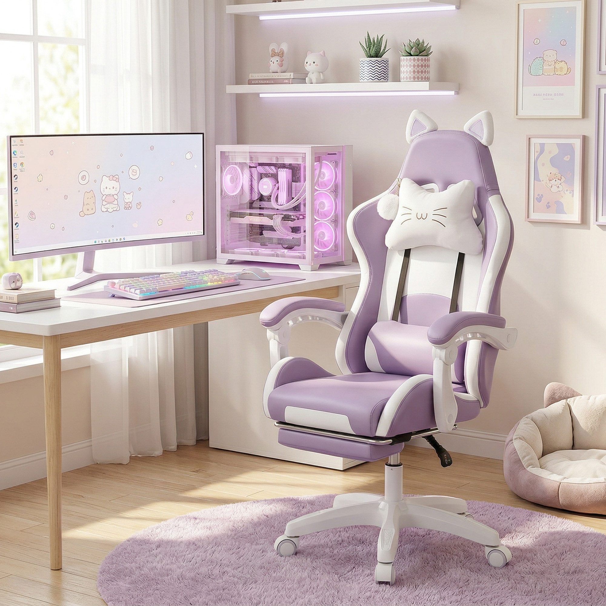 oyajia Gaming-Stuhl Bürostuhl Ergonomisch mit Kopfstütze und Katzenohren, PU-Leder (Gamer Stuhl, Racing Computerstuhl PC Stuhl mit Fußstütze Kopfstütze, 1 St), 115-125cm verstellbare Sitzhöhe, mit Lendenwirbelstütze