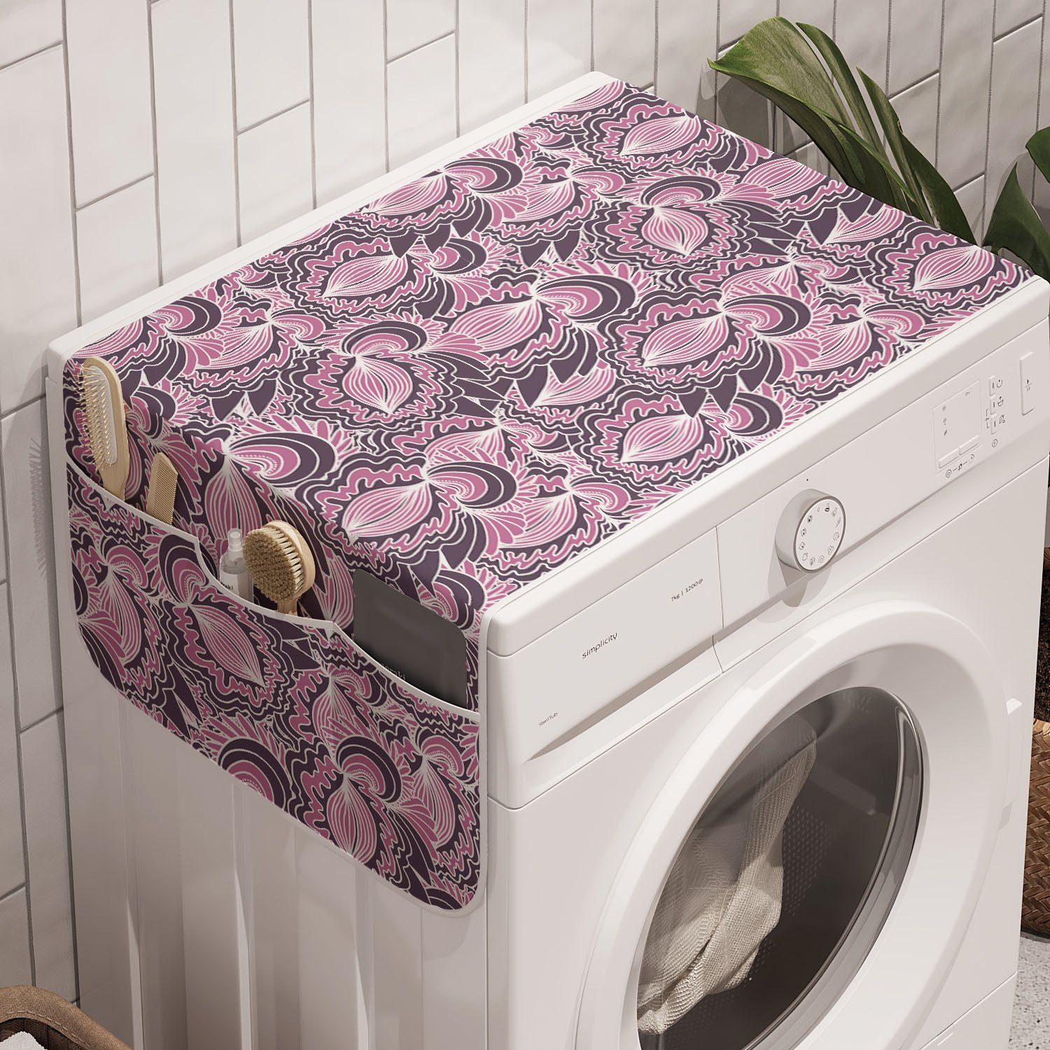 Abakuhaus Badorganizer Anti-Rutsch-Stoffabdeckung für Waschmaschine und Trockner, Abstrakt Geometrische Blumenverzierungen