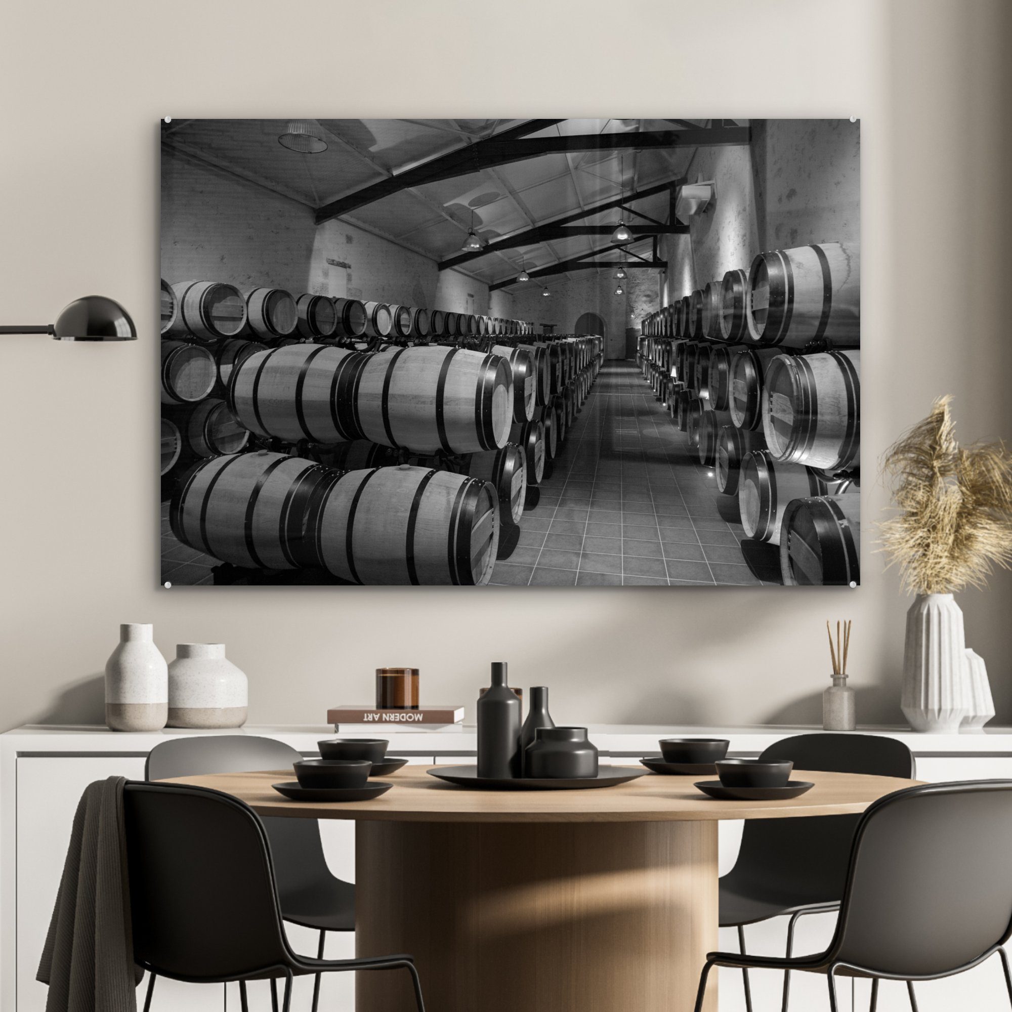 (1 & in St), Weinkeller Wohnzimmer -, auf einem MuchoWow Acrylglasbild Acrylglasbilder Bordeaux, die Blick Frankreich Schlafzimmer Weinfässer in