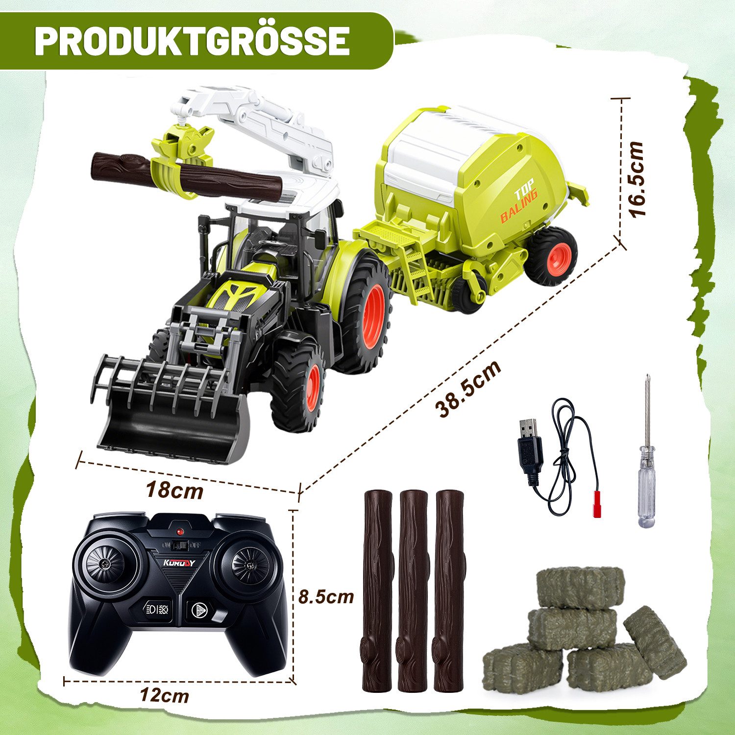 Esun RC-Traktor Ferngesteuerter Traktor mit Anhänger, Ballenwagen und Holztransporter (Set, Komplettset), Spielzeug Ballenpresse/Rundballenpresse/Ballenwage