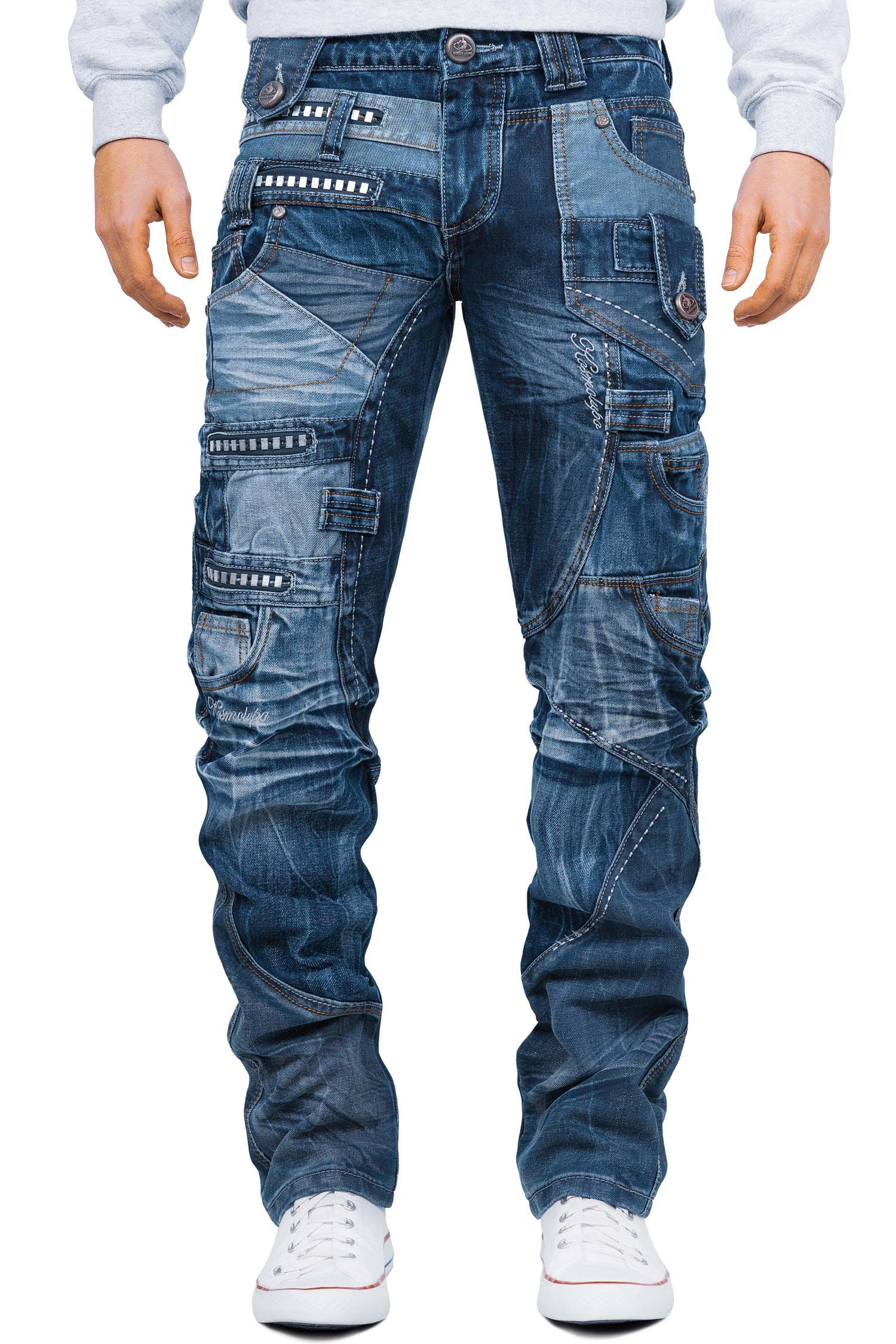 Kosmo Lupo 5-Pocket-Jeans Auffällige Herren Hose BA-KM001 Blau W40/L34 (1-tlg) mit Verzierungen und Nieten