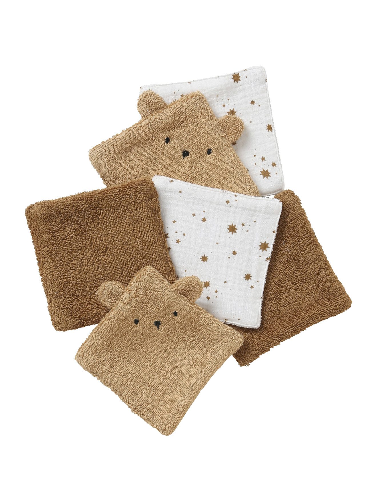 vertbaudet Waschlappen mit Aufbewahrungsbeutel BÄR, 6er-Pack