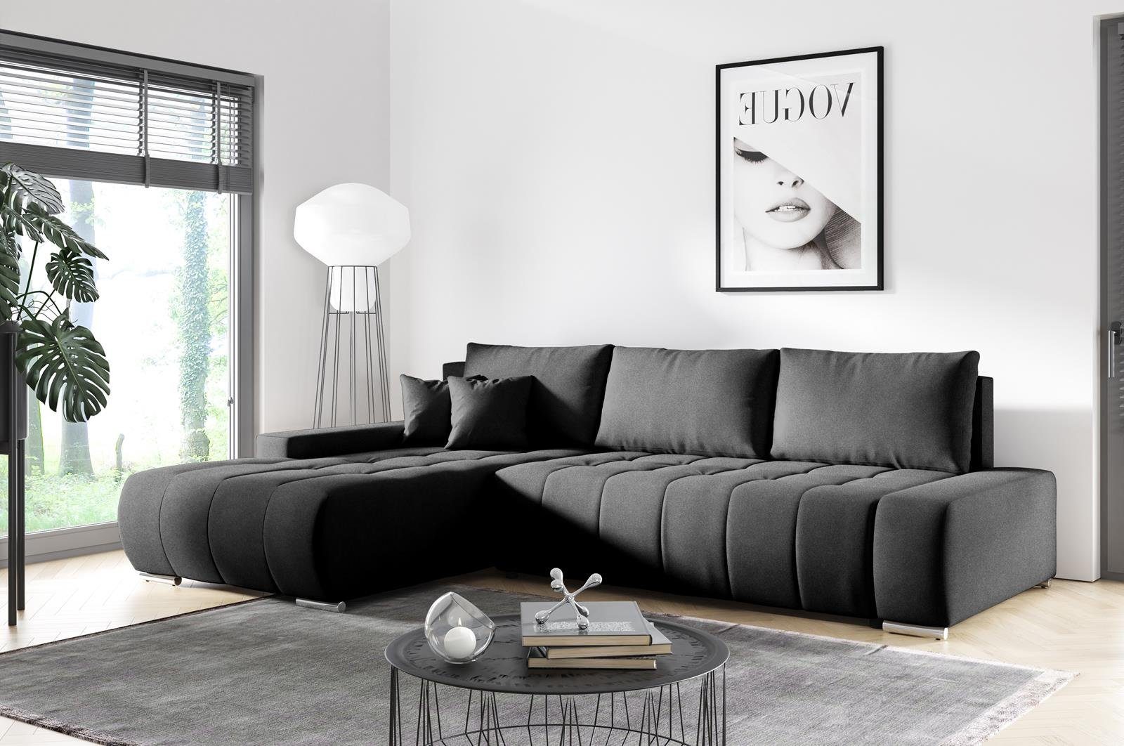 KLARA Schlaffunktion, Ecksofa Steppung, aus Ecksofa mit mit L-Form Velourstoff Compleo Schwarz