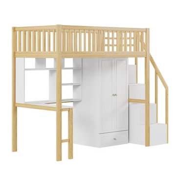 OKWISH Kinderbett Stauraumbett mit großem Kleiderschrank Regal und Tisch (90 x 200 cm, Stauraum Treppe Mehrzweckbetteinheit Holzbettgestell 90 x 200 cm), ohne Matratze