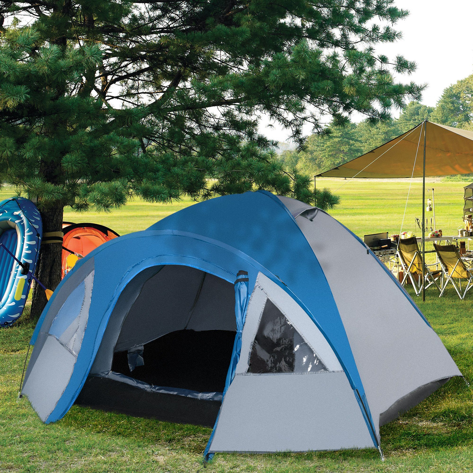 Outsunny Kuppelzelt Familienzelt mit Fenster, 1000mm Wassersäule für Reise Camping, Personen: 3 (Campingzelt, 1 tlg., Tunnelzelt), für Garten, Balkon, Blau+Grau