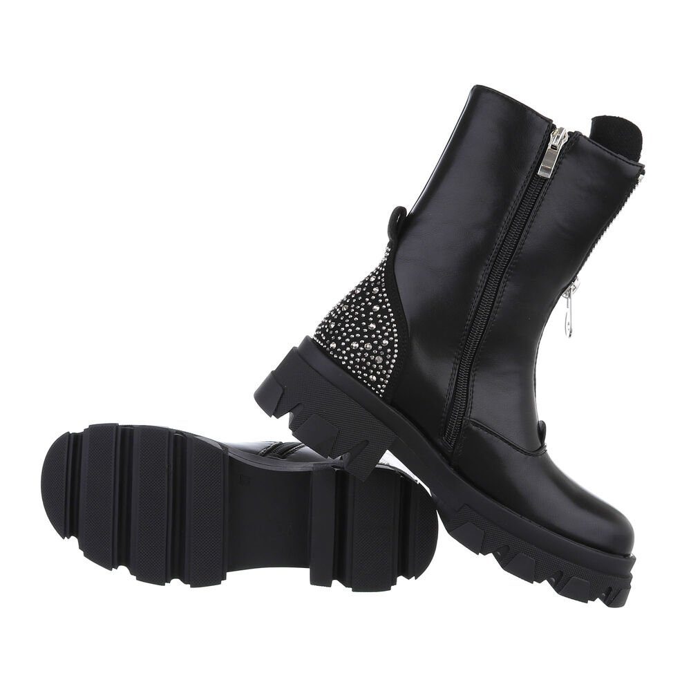 Bikerschuhe Blockabsatz Biker Ital-Design in Plateaustiefeletten Damen Schwarz Westernstiefelette