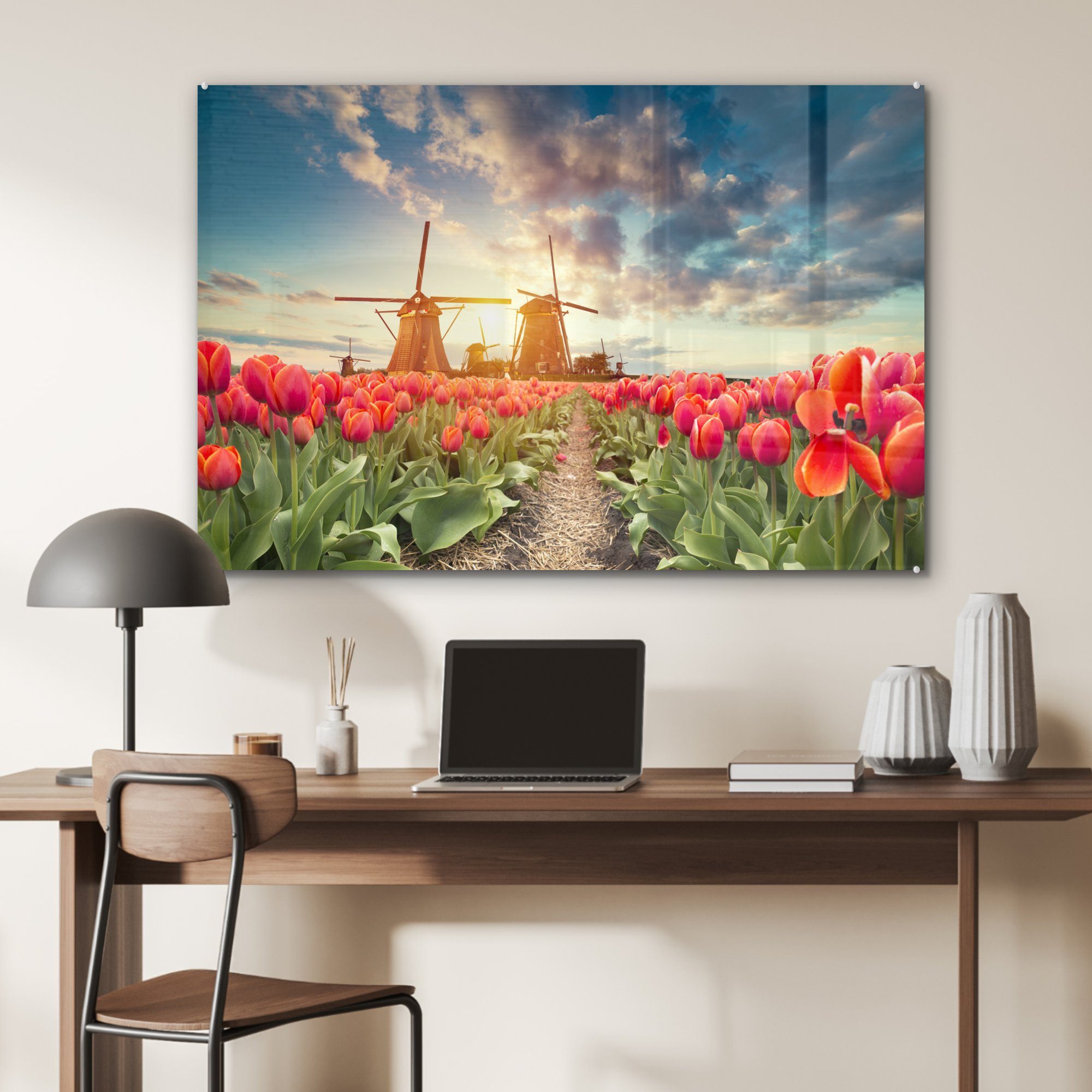 Wohnzimmer MuchoWow Windmühle Acrylglasbild Sonne, Blumen (1 - St), - Acrylglasbilder Schlafzimmer &