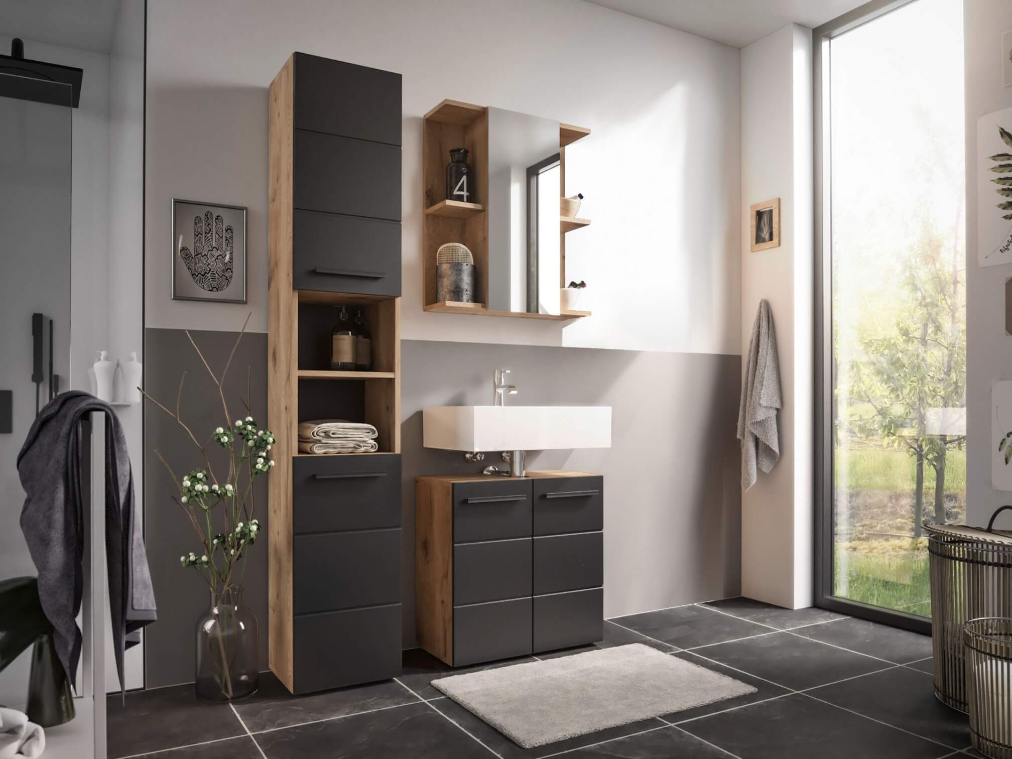 moebel-dich-auf Badezimmer-Set VALENCIA, (Hochschrank, Waschbeckenunterschrank, Spiegelschrank, MDF-Fronten tiefgezogen, Korpus melaminbeschichtet)