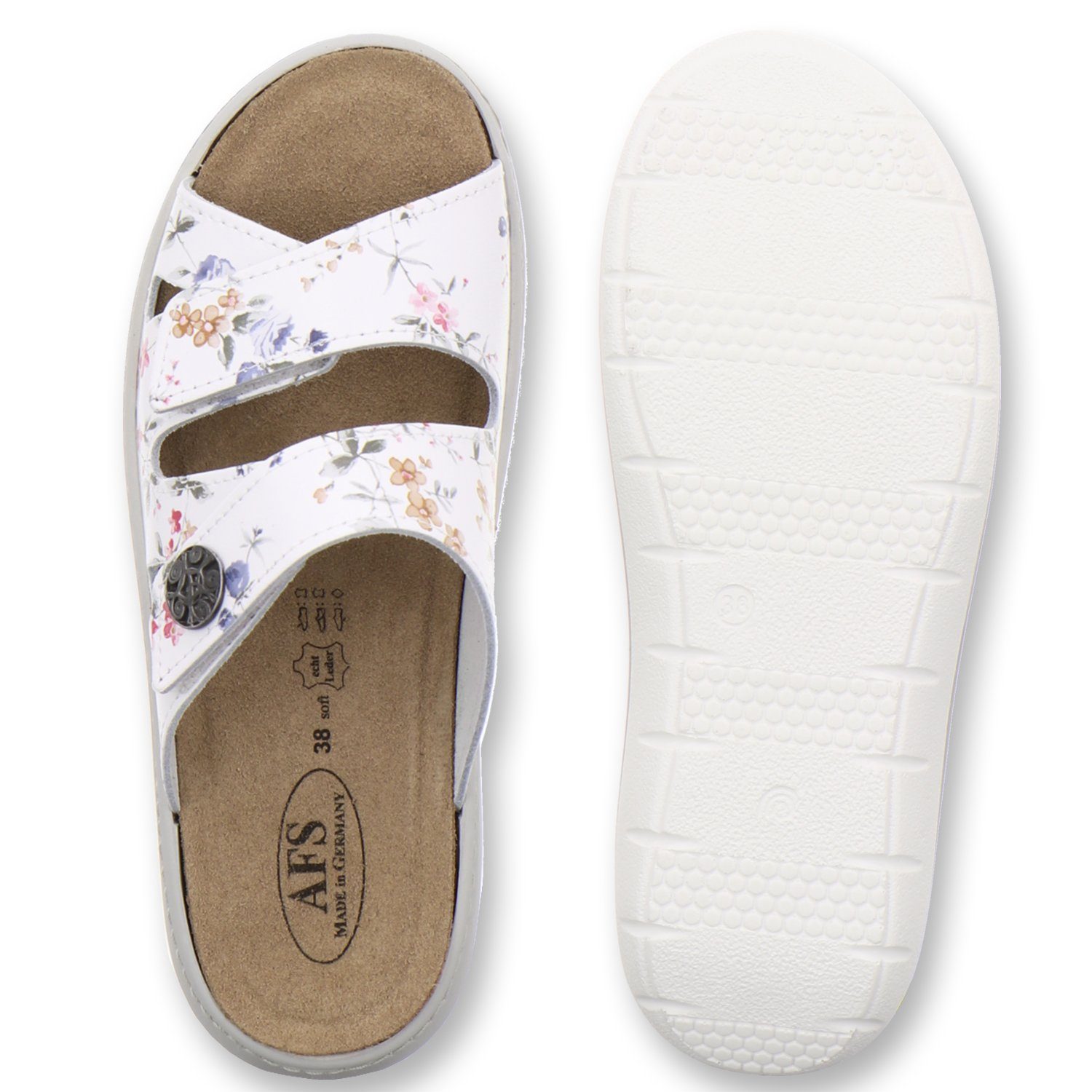 Germany 2808 Wechselfußbett, weiß-flower Made AFS-Schuhe in für Leder Damen Pantolette aus mit