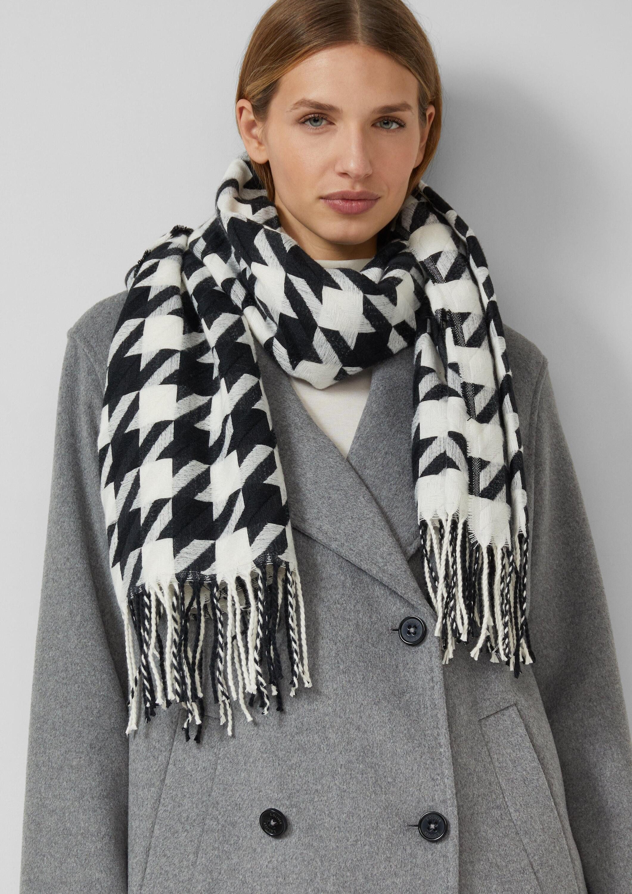 s.Oliver Schal Tuch, Breiter Schal mit Hahnentritt-Muster und Fransen günstig online kaufen