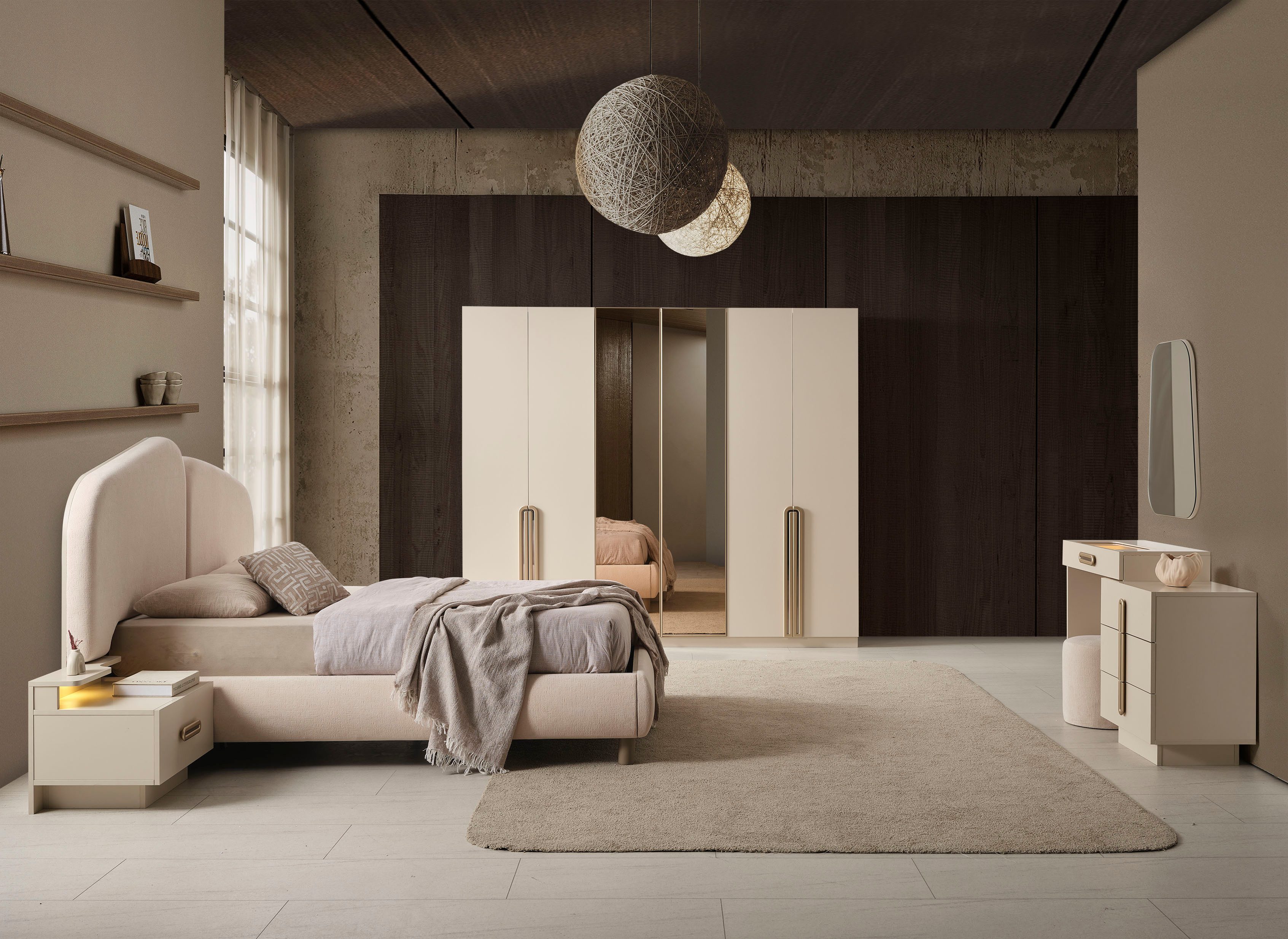 JulietHome Komplettschlafzimmer Hayal, (Set, Kleiderschrank, Boxspringbett, Nachttische, Schminktisch), Integrierte Nacht- und Schminktisch LED-Lichter