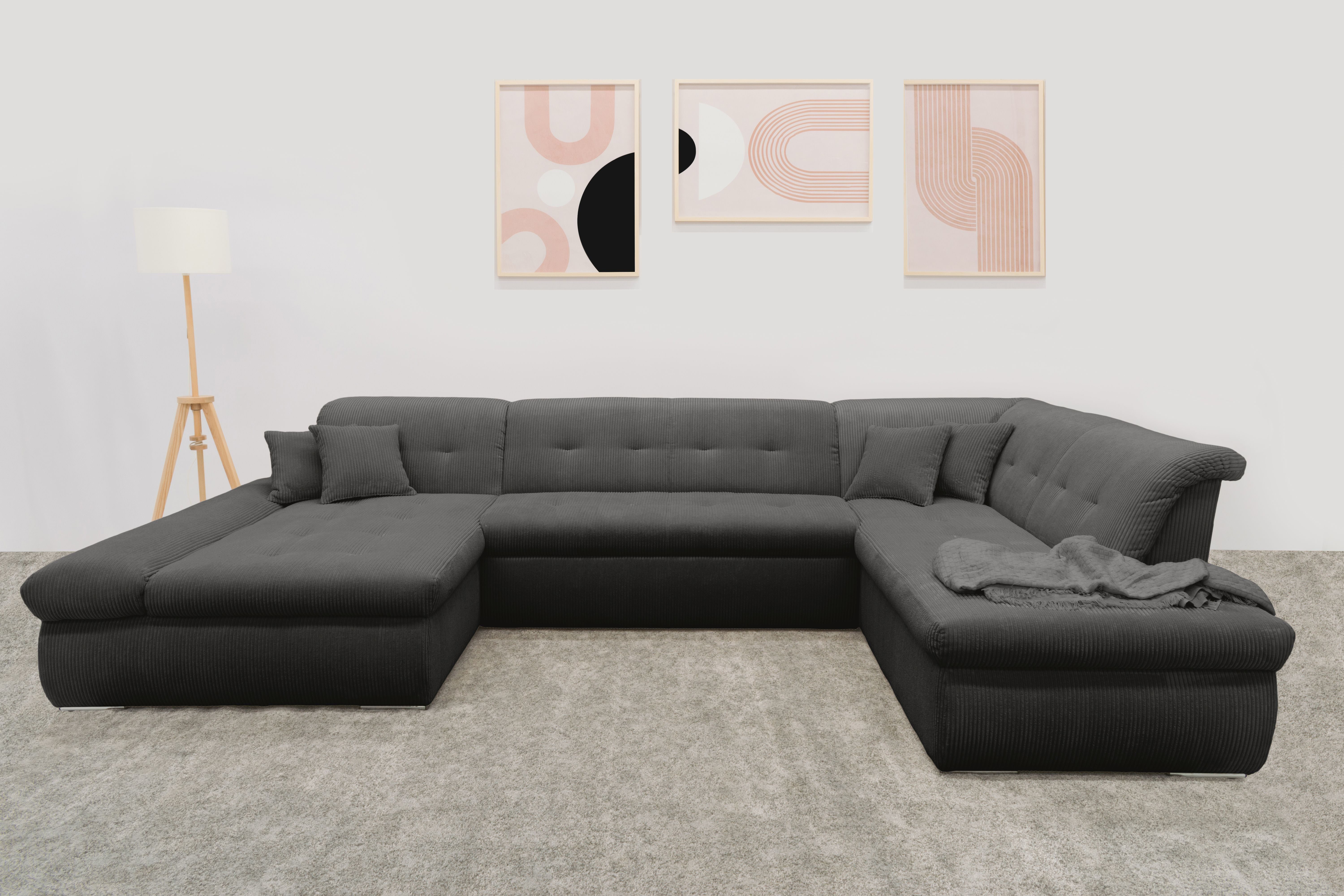 DOMO collection Wohnlandschaft MORIC 353x216x80 cm, mit viel Platz, U-Form, auch in Cord, im XXL-Format, wahlweise mit Bettfunktion und Armlehnenverstellung