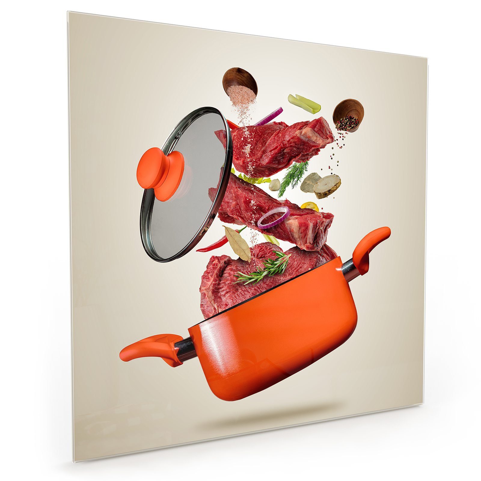 Primedeco Küchenrückwand Küchenrückwand Spritzschutz Glas und Topf Motiv mit Fleisch