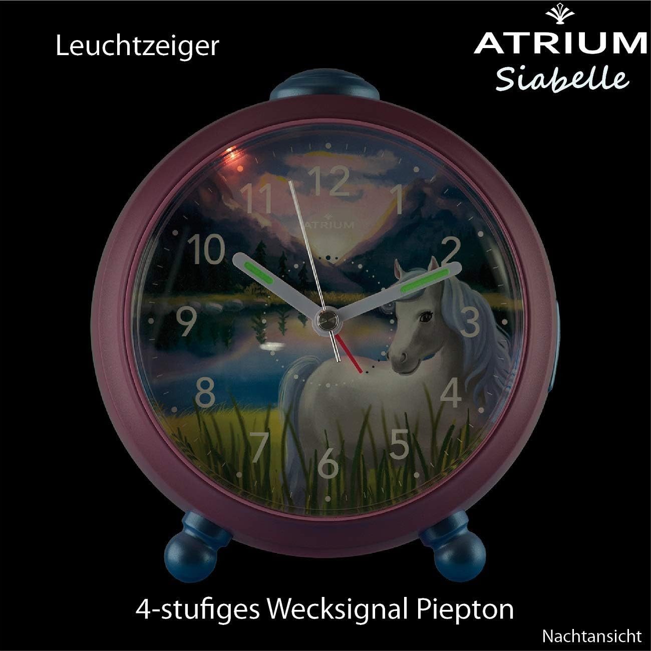 Atrium Kinderwecker A932-17 Siabelle Analog Quarz leise Licht Snooze Mädchen Pferd Rosa Geschenk Ø10,5cm – Bild 5 von 5