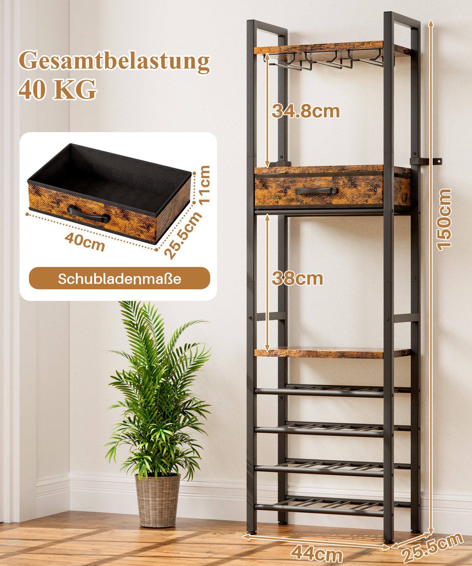 Yorbay Weinregal Vintage Design,Weinständer aus Holz& Metall für 16 Flaschen, 15 Gläser Weinregal mit Ablagefläche und Schublade, für Küche, Wohnzimmer oder als Geschenk