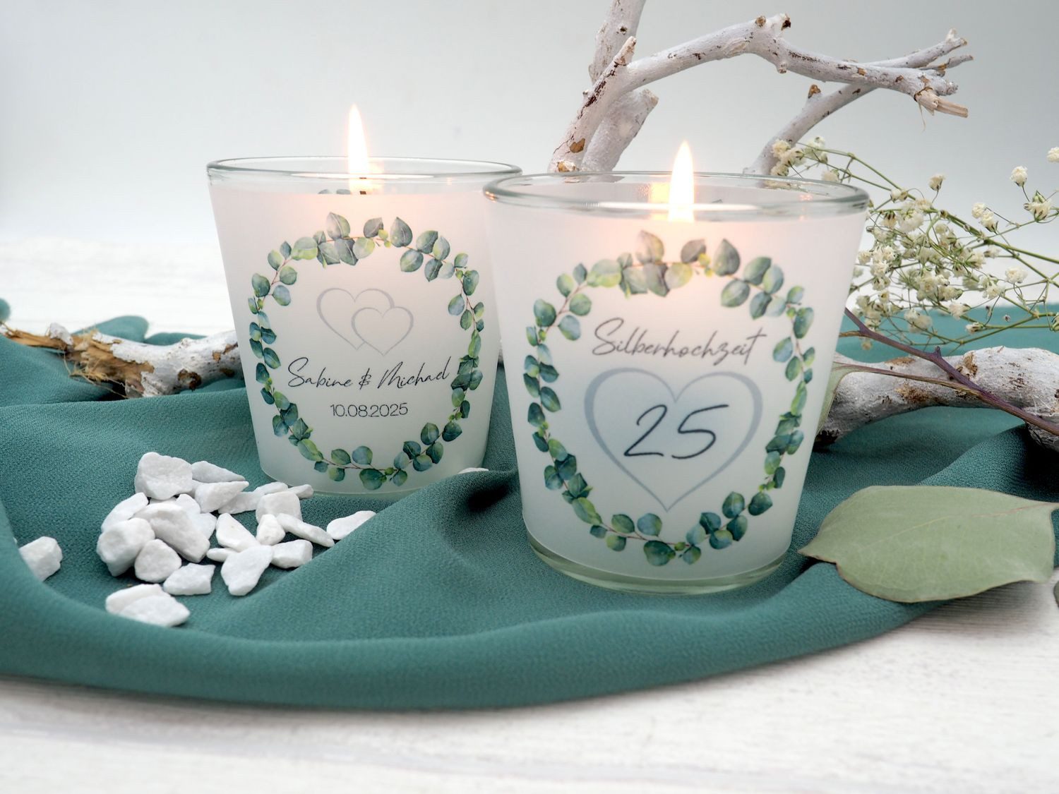 ZauberDeko Windlicht Windlicht Banderole Silberhochzeit Eukalyptus PERSONALISIERT 7,5cm H