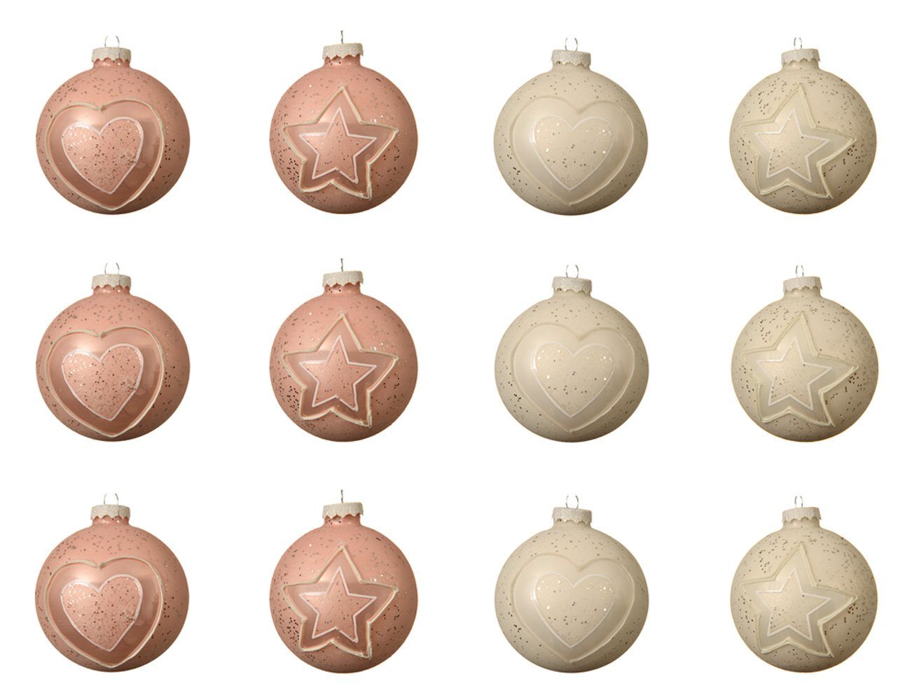 Decoris season decorations Weihnachtsbaumkugel, Weihnachtskugeln Glas mit Motiven Herz Stern 8cm rosa / weiß, 12er Set