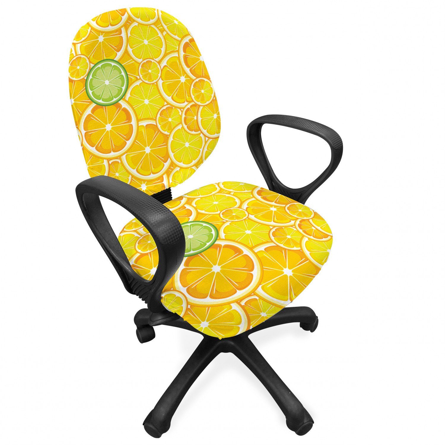 Bürostuhlhusse dekorative Schutzhülle aus Stretchgewebe, Abakuhaus, Obst Lemon orange Kreise