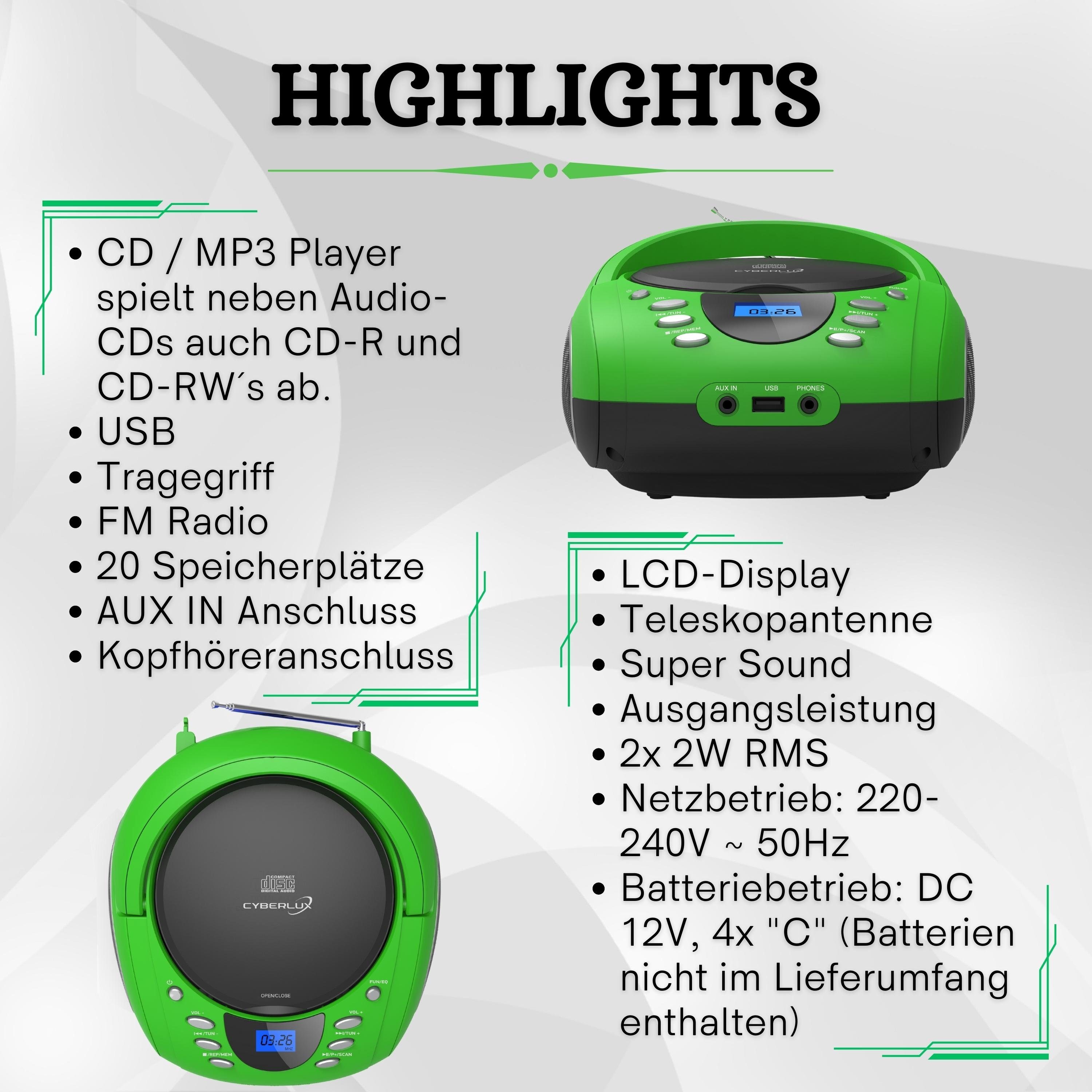 CL-700 USB) tragbar, (CD, Kinder CD-Player Radio MP3 mit Musikbox, CD Player Boombox, FM Cyberlux tragbarer