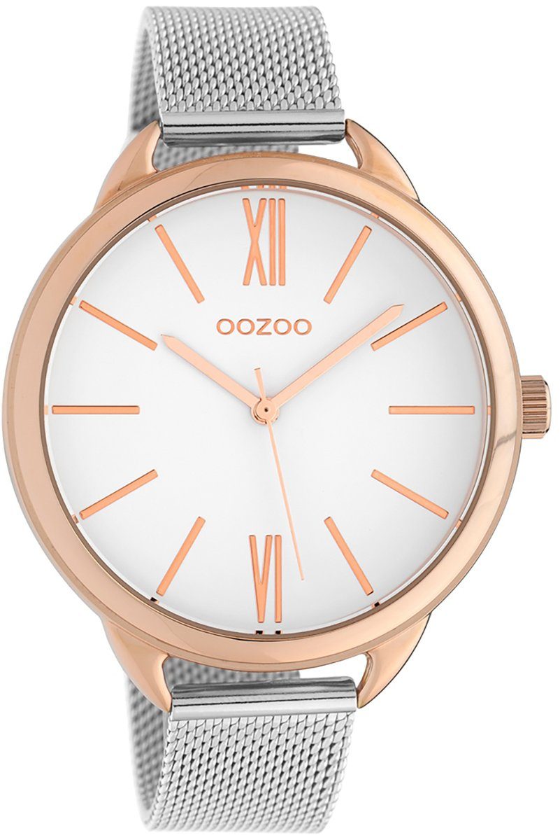 Damen Edelstahlarmband, Quarzuhr Fashion-Style groß 44mm) Armbanduhr, (ca. Oozoo rund, Damenuhr OOZOO