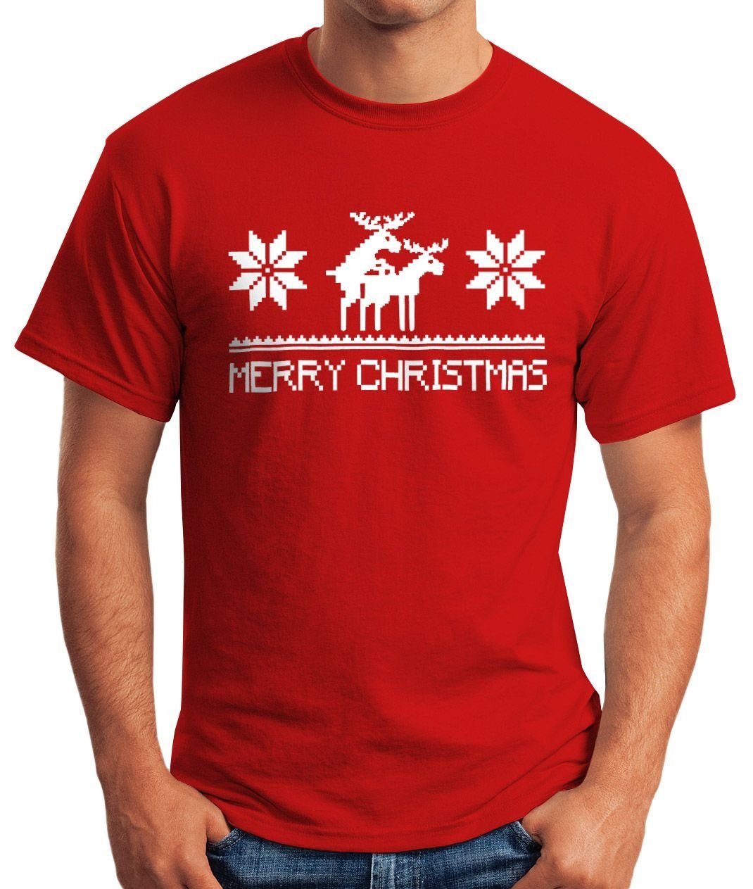 Print T-Shirt Merry Print-Shirt MoonWorks Weihnachten rot Fun-Shirt Moonworks® Herren Christmas mit