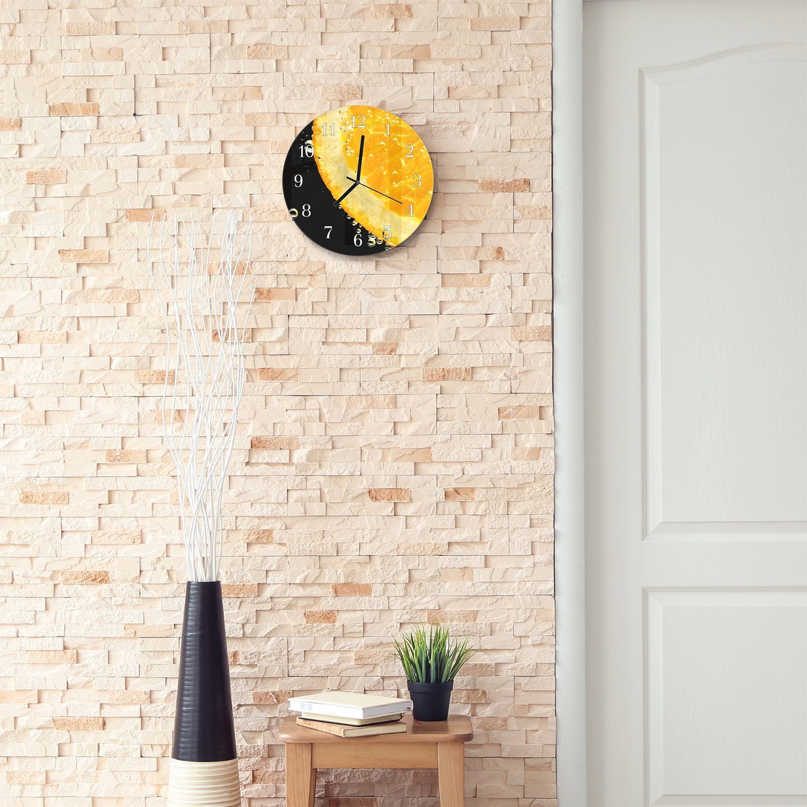 Primedeco Wanduhr Wanduhr aus Orangenscheibe Wasser 30 und Quarzuhrwerk mit im Motiv Rund - Glas cm Durchmesser mit