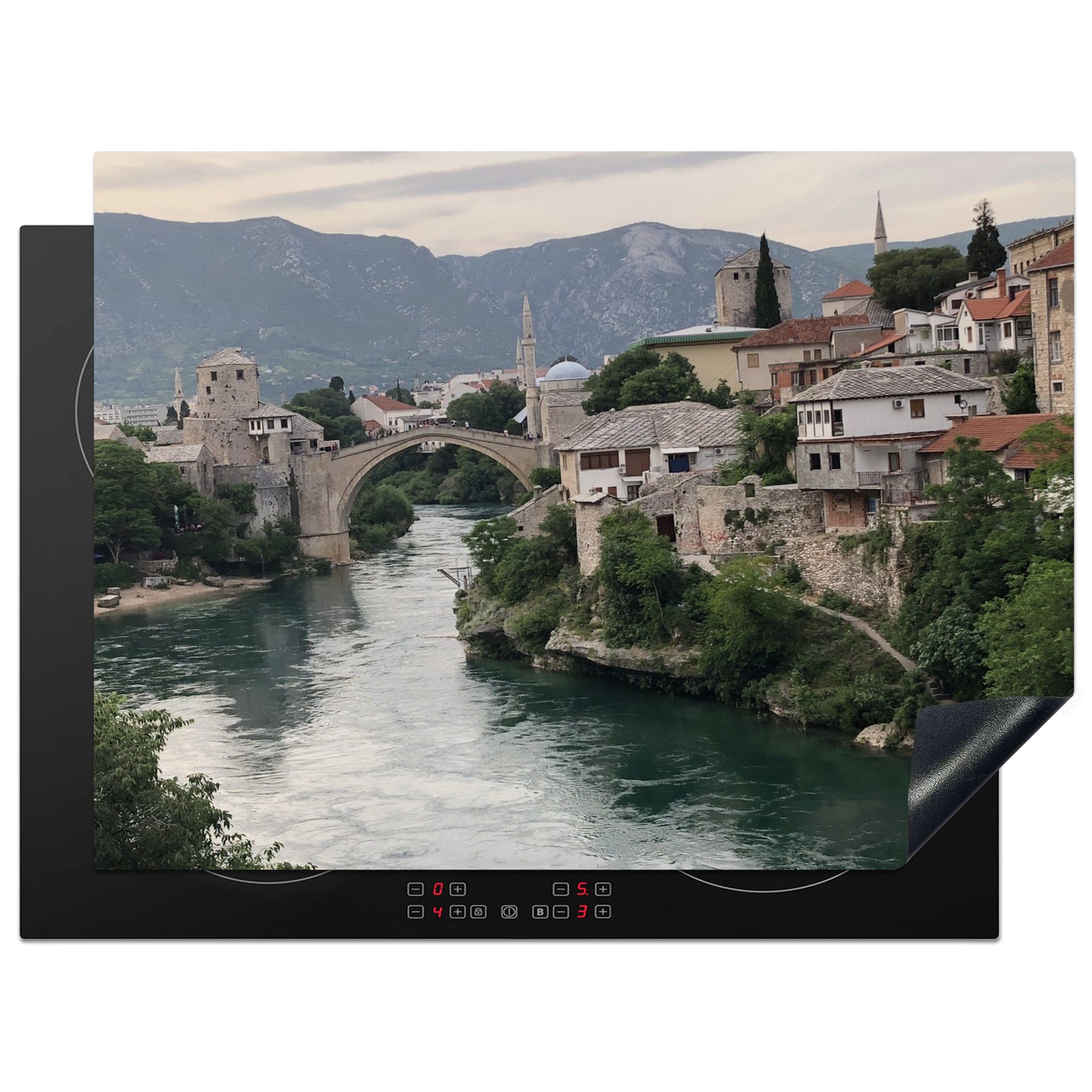 MuchoWow Herdblende-/Abdeckplatte Die Stari-Most-Brücke mit einem wunderschönen Sonnenuntergang, Vinyl, (1 tlg), 70x52 cm, Mobile Arbeitsfläche nutzbar, Ceranfeldabdeckung