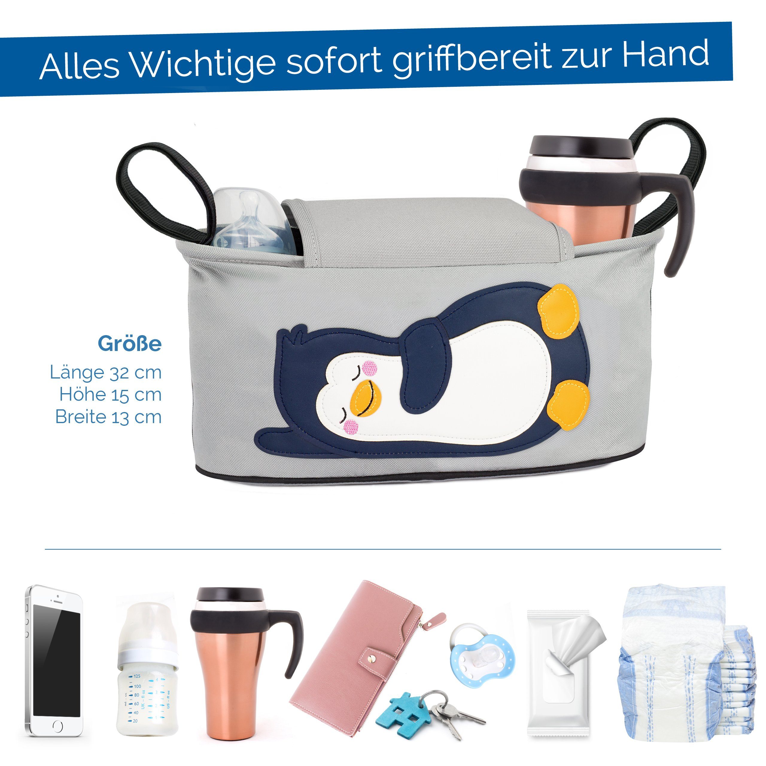 GLÜCKSWOLKE Kinderwagen-Tasche in Grau oder Schwarz I 6 Motive I Kinderwagentasche & Buggy Organizer, Kinderwagen Tasche mit Getränkehalter und Feuchttücherfach
