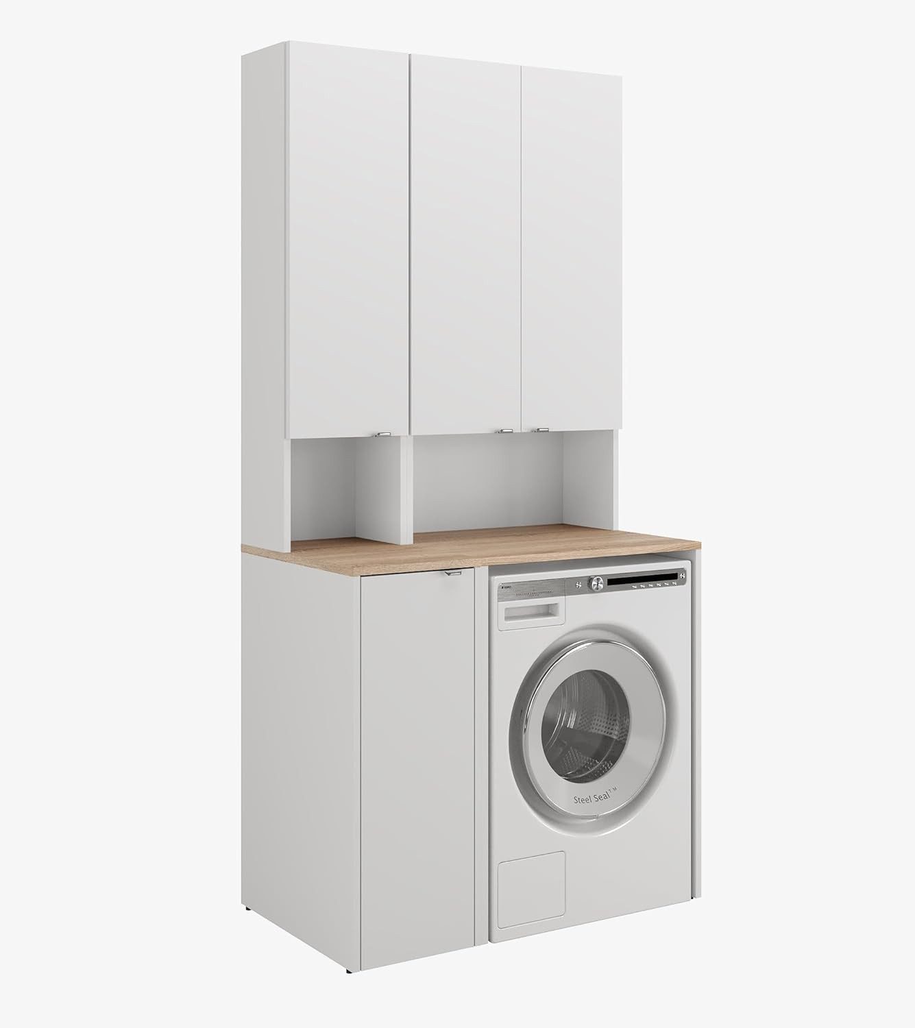 Platan Room Badezimmer-Set Waschmaschinenschrank 65 cm breit und Hochschrank 33 cm breit, Badschrank Aufbewahrungsschrank für Bad, Hoch Schrank Schmal
