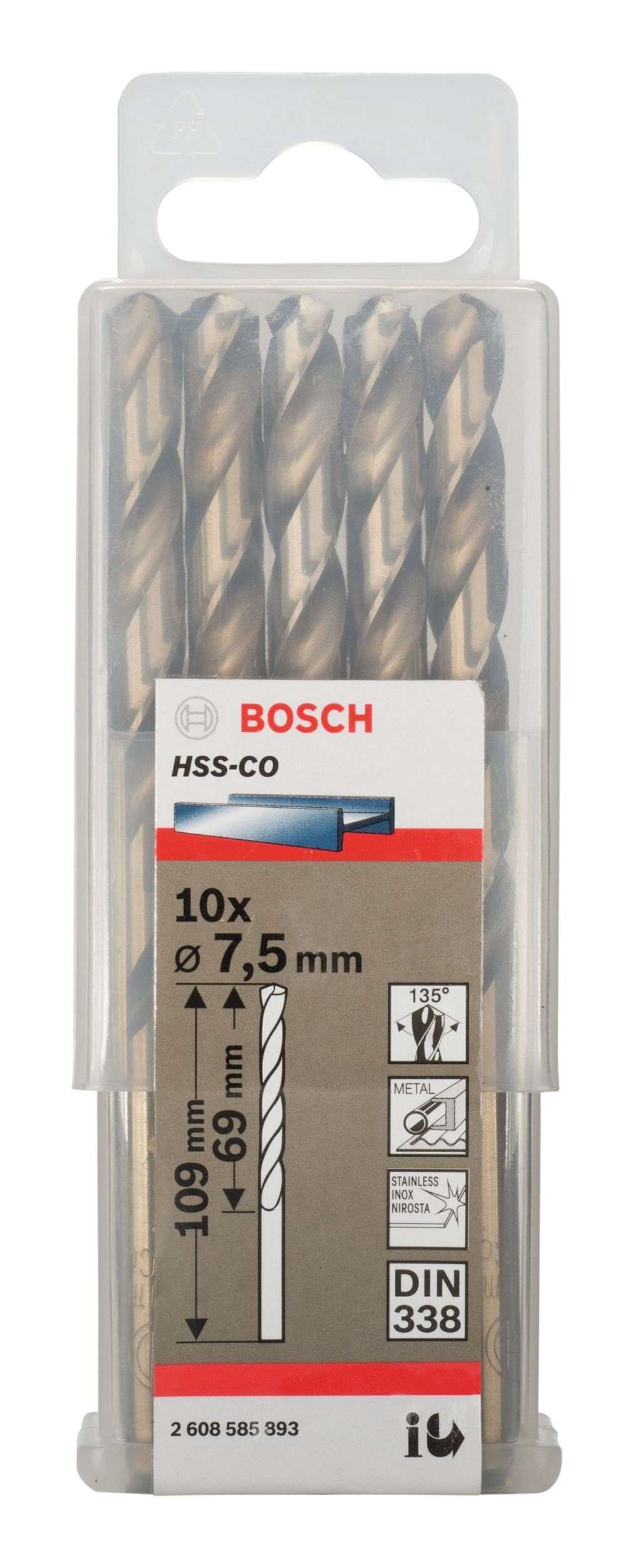 x 10er-Pack HSS-Co (10 - 69 mm x Stück), Metallbohrer, (DIN 109 7,5 - BOSCH 338)