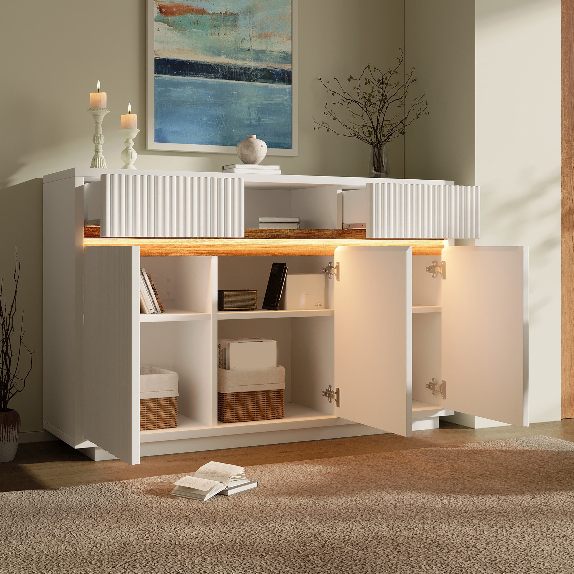 TavilaEcon Sideboard Kommode, Schrank mit LED, 2 Schubladen und 3 Türen (1 St), mit verstellbaren Einlegeböden, 140x40x85 cm, Weiß