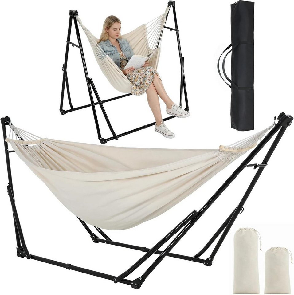 TLGREEN Hängematte mit Gestell,Premium Hängematten-Gestell-Set – 2-in-1, (Faltbar, Verstellbar, Stabiler Gartenhängematte, 231x89cm, Bis 200 kg, für Garten Balkon Camping Indoor, Tragetasche)