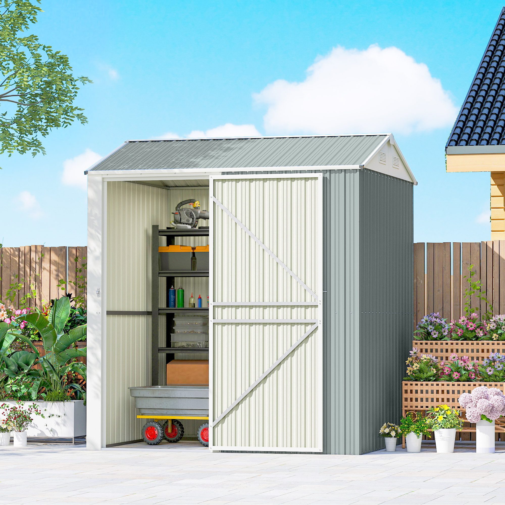 Outsunny Gerätehaus mit Sattedach, Lüftungen, Handschuhen, BxT: 209x177 cm, (Geräteschuppen, 1 St., Garten Schuppen), für Hinterhof Garten Hellgrau