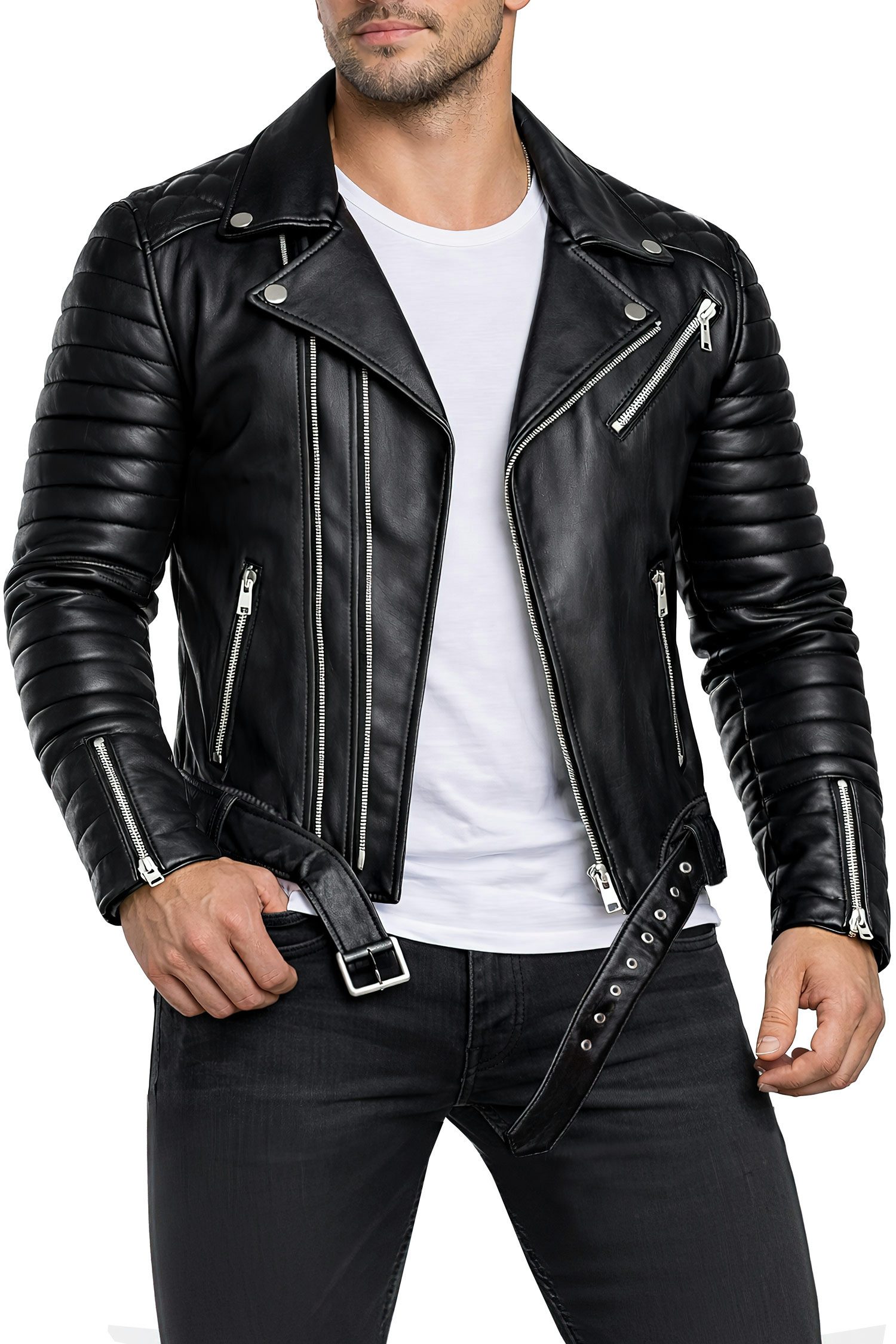 Reichstadt Lederjacke Herren Slim Fit Kunstleder Jacke Silver Zipper RS001X PU im Bikerstyle mit Silver Zippern