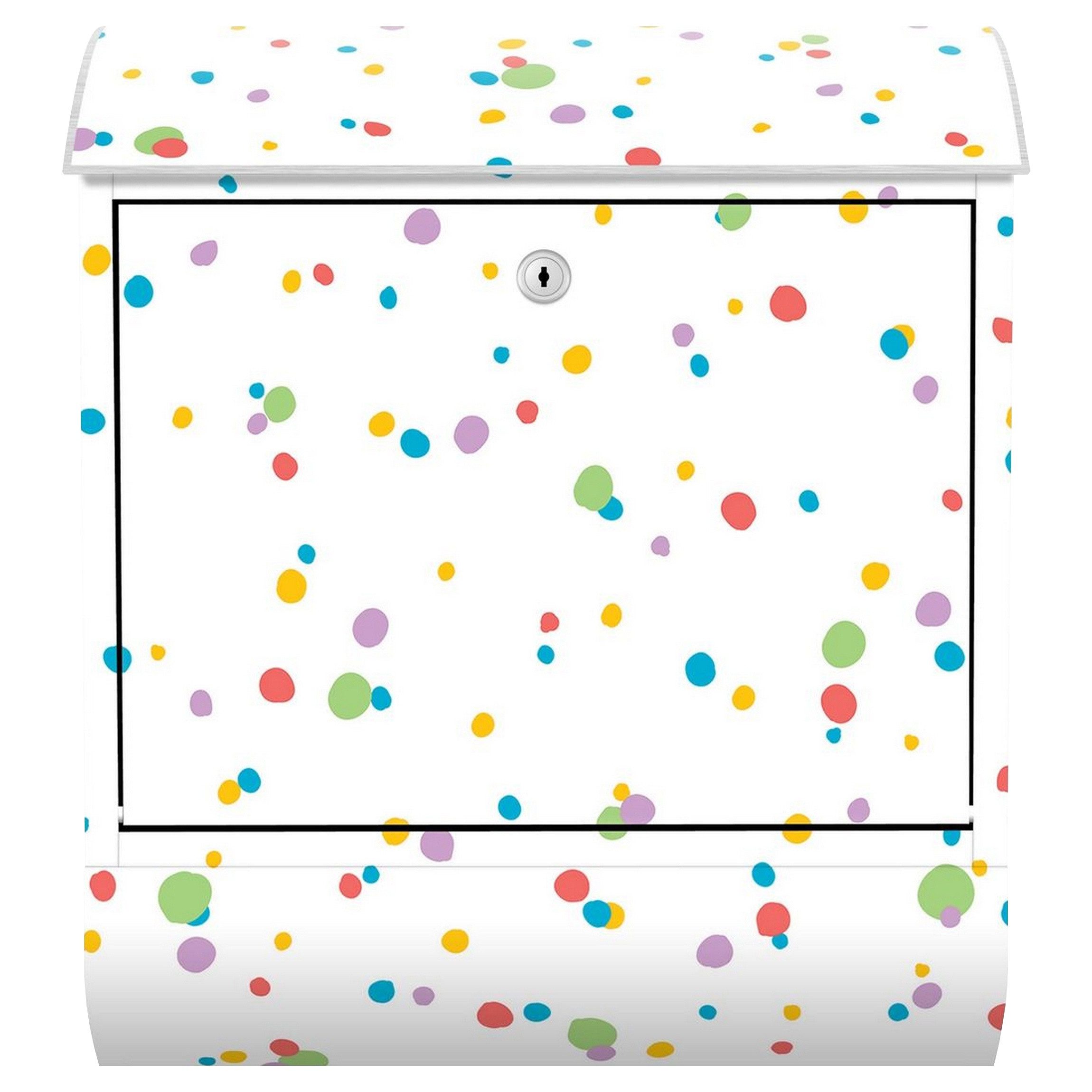 Bilderdepot24 Briefkasten Wandbriefkasten mit Zeitungsfach Motiv Kunterbunte Punkte (inkl. Zeitungsrolle und 3 Schlüssel), Motivdruck, wetterfest, UV-beständig, abschließbar, 46x39x13 cm