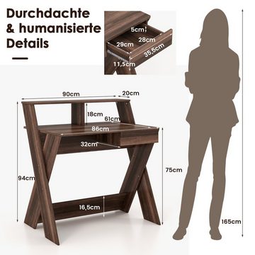 COSTWAY Computertisch, mit Schublade & Monitorerhöhung, Holz, 90x61x94cm
