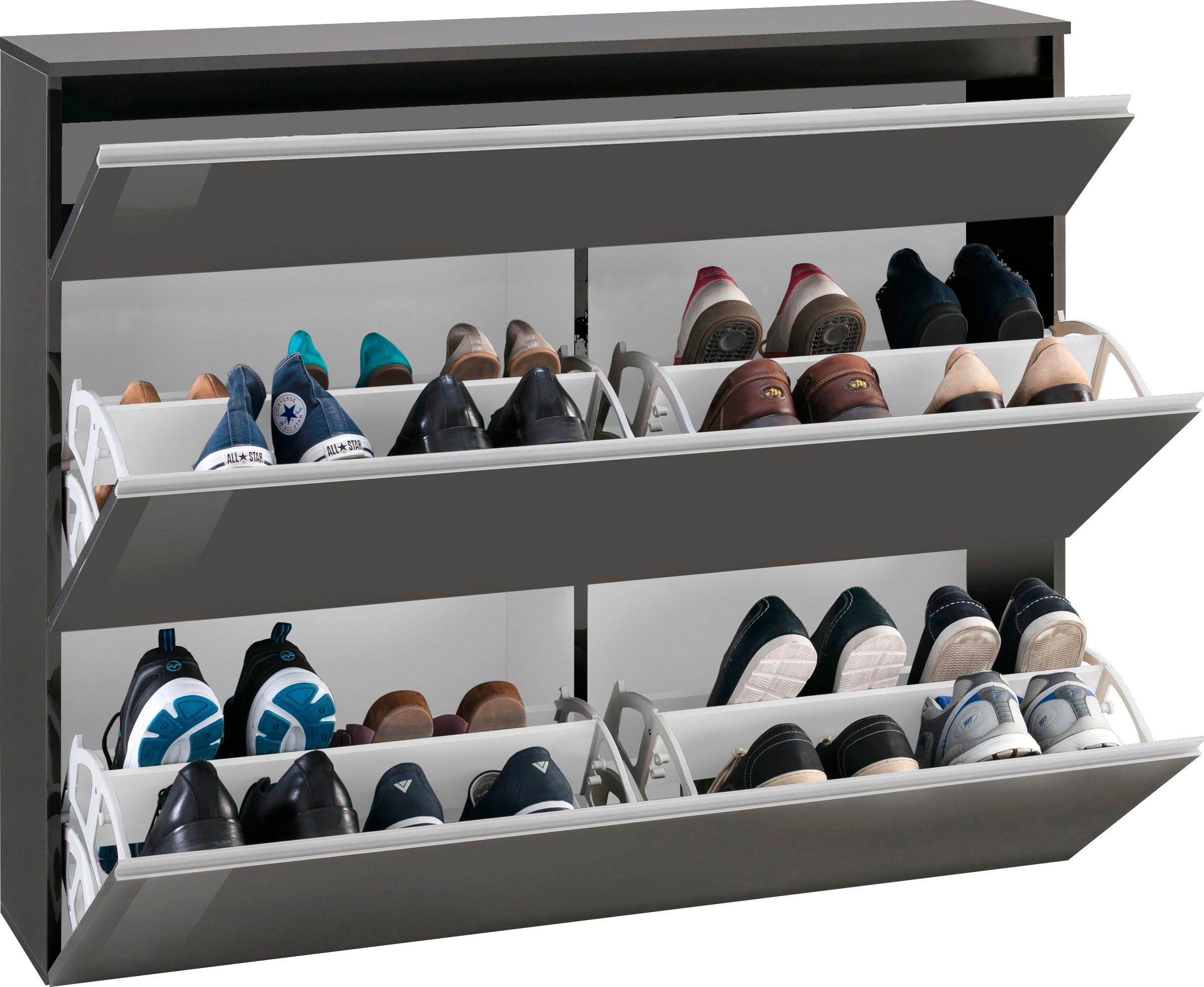 Home affaire Schuhschrank Magic Schuhschrank, Schuhkommode, Schuhregal, softgriff 3 Klappen,Doppelschuhtrommeln,hochglanz lackiert oder matt,Breite 120