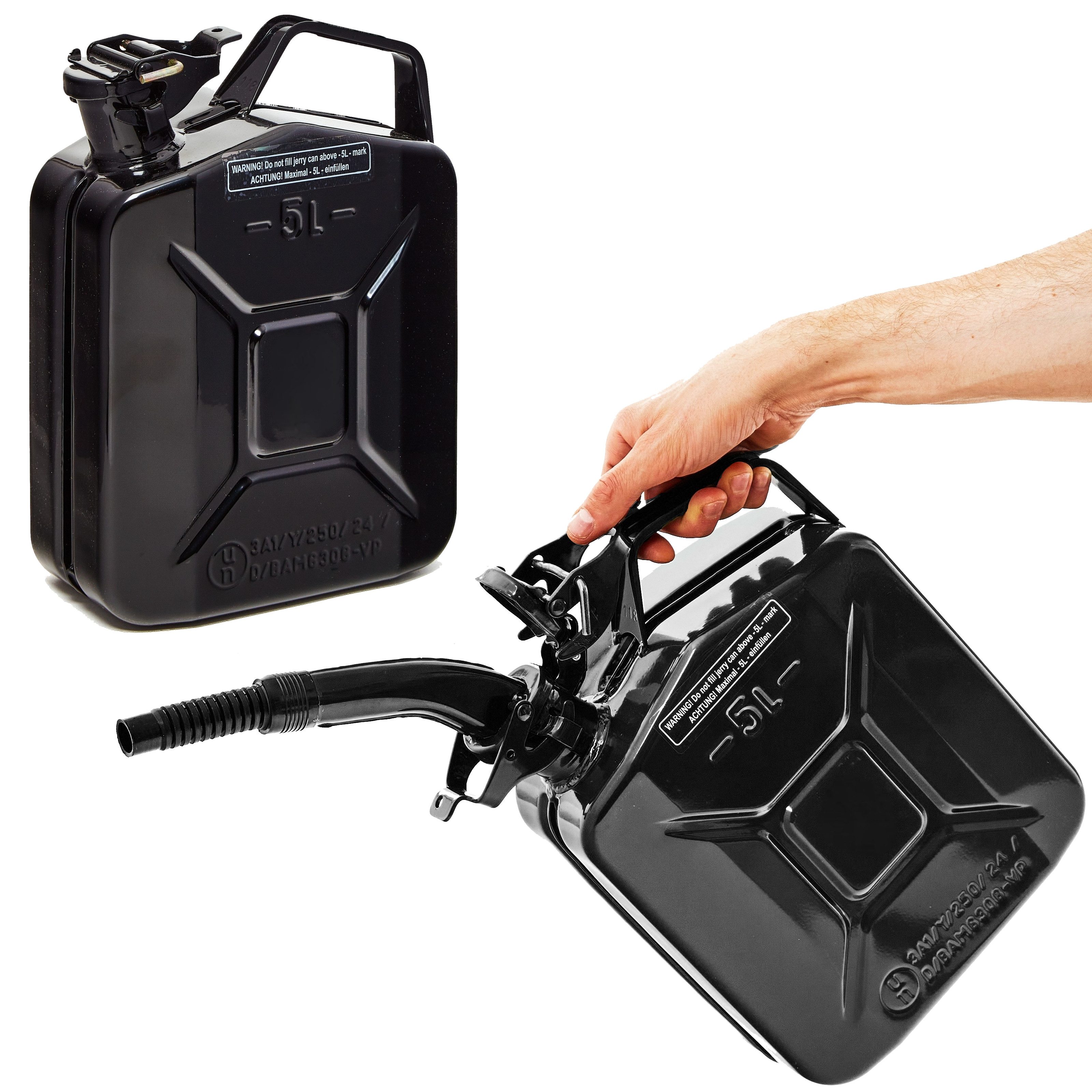 BW Benzinkanister Metall Kraftstoffkanister 2x 5 L mit Ausgießer - Schwarz - RAL 9005 (mit Ausgießer, Made in Europe), TÜV-geprüft und UN-Zulassung