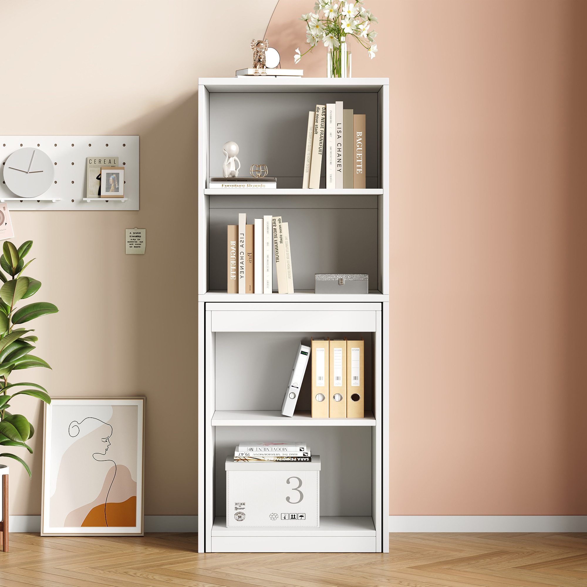 Flieks Regal-Schreibtisch 2-in-1 Multifunktionaler Klapptisch mit Rollen/Bücherregal mit Fächern (Tischplatte: 90x51 cm, Standregal: 55x40x137 cm, Gesamtlänge 130 cm, 1-St., mit verstellbarer Einlegeböden), Computertisch Eckschreibtisch Arbeitstisch Bürotisch mit Regalen Weiß