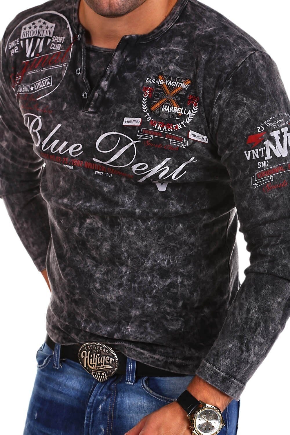 behype Langarmshirt VT-Blue mit schwarz ausgefallenem Print