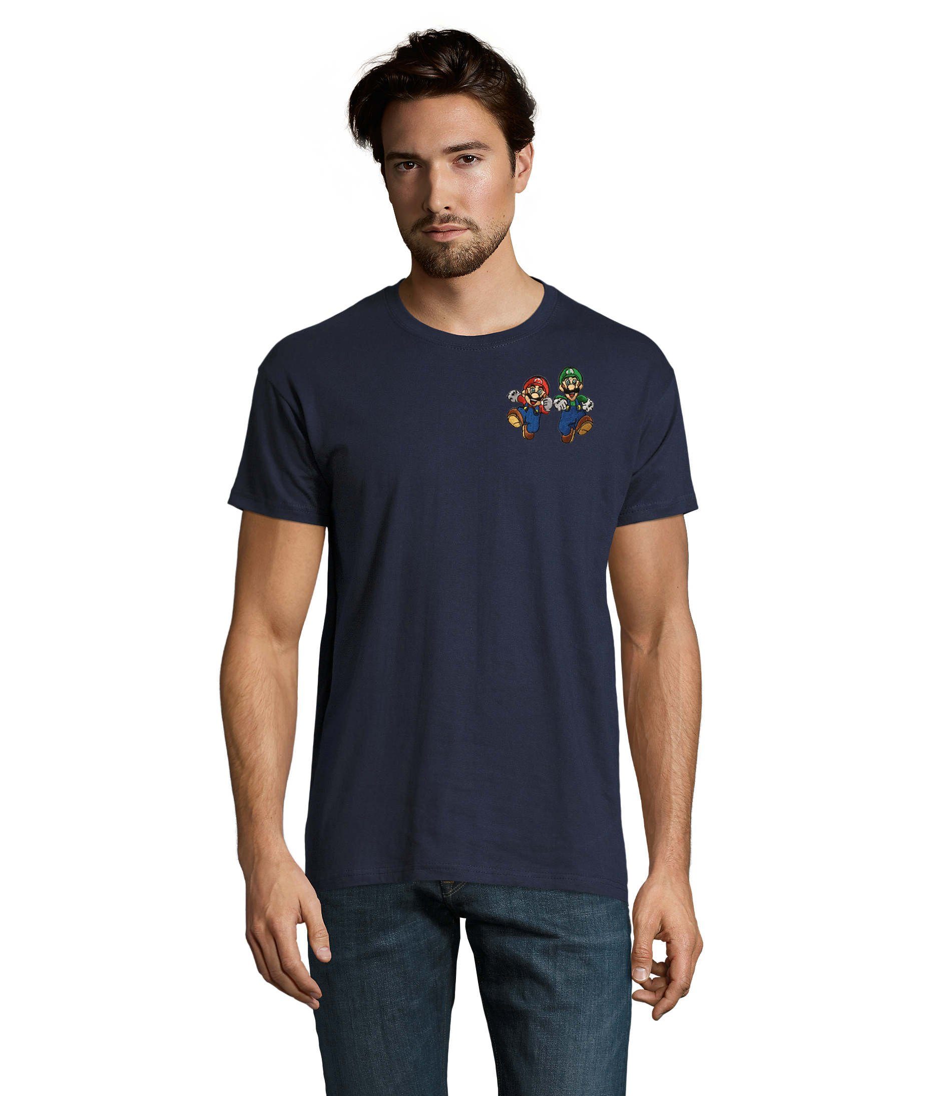 Blondie & Brownie T-Shirt Herren Mario & Luigi Brust Stick Peach Konsole Nintendo Gaming bestickt Navyblau
