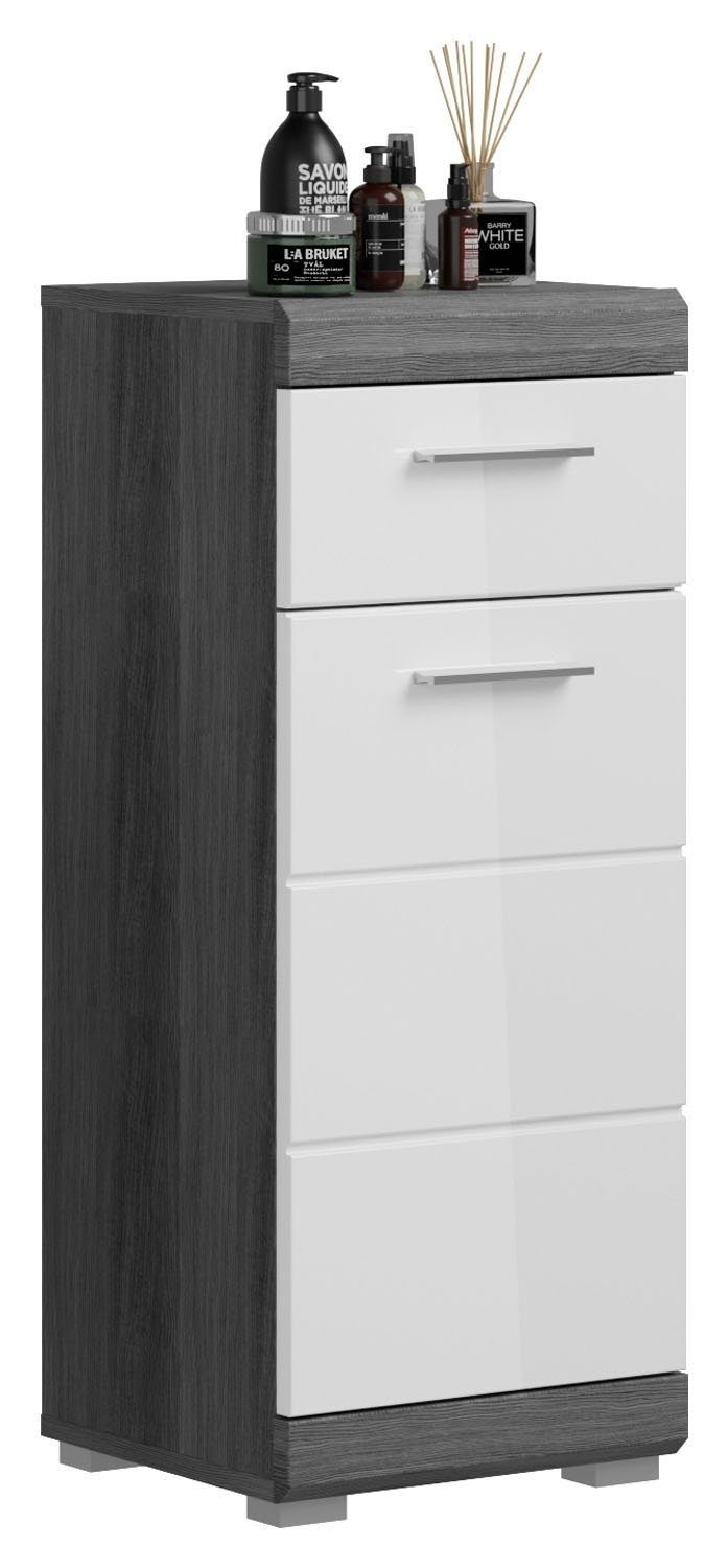 xonox.home Unterschrank SCOUT, Rauchsilber grau Dekor, Weiß Hochglanz, B 37 x H 88 x T 31 cm, Badmöbel, 1 Tür, 1 Schublade