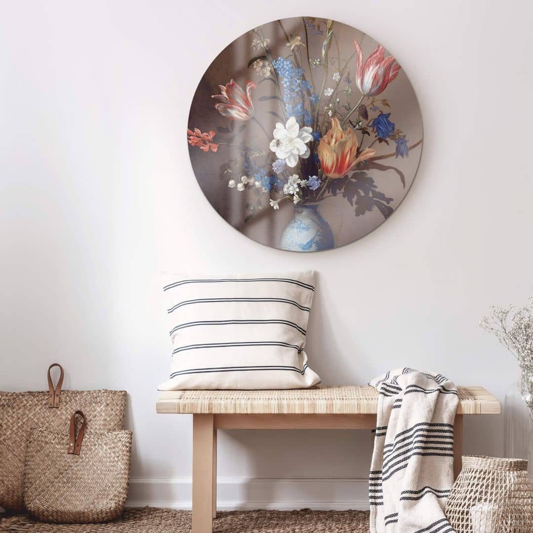 K&L Wall Art Glasbild Glas Wandbild Rund Glasbild Van der Ast Blumen in WanLi Vase, Wandschutz Deko Bilder